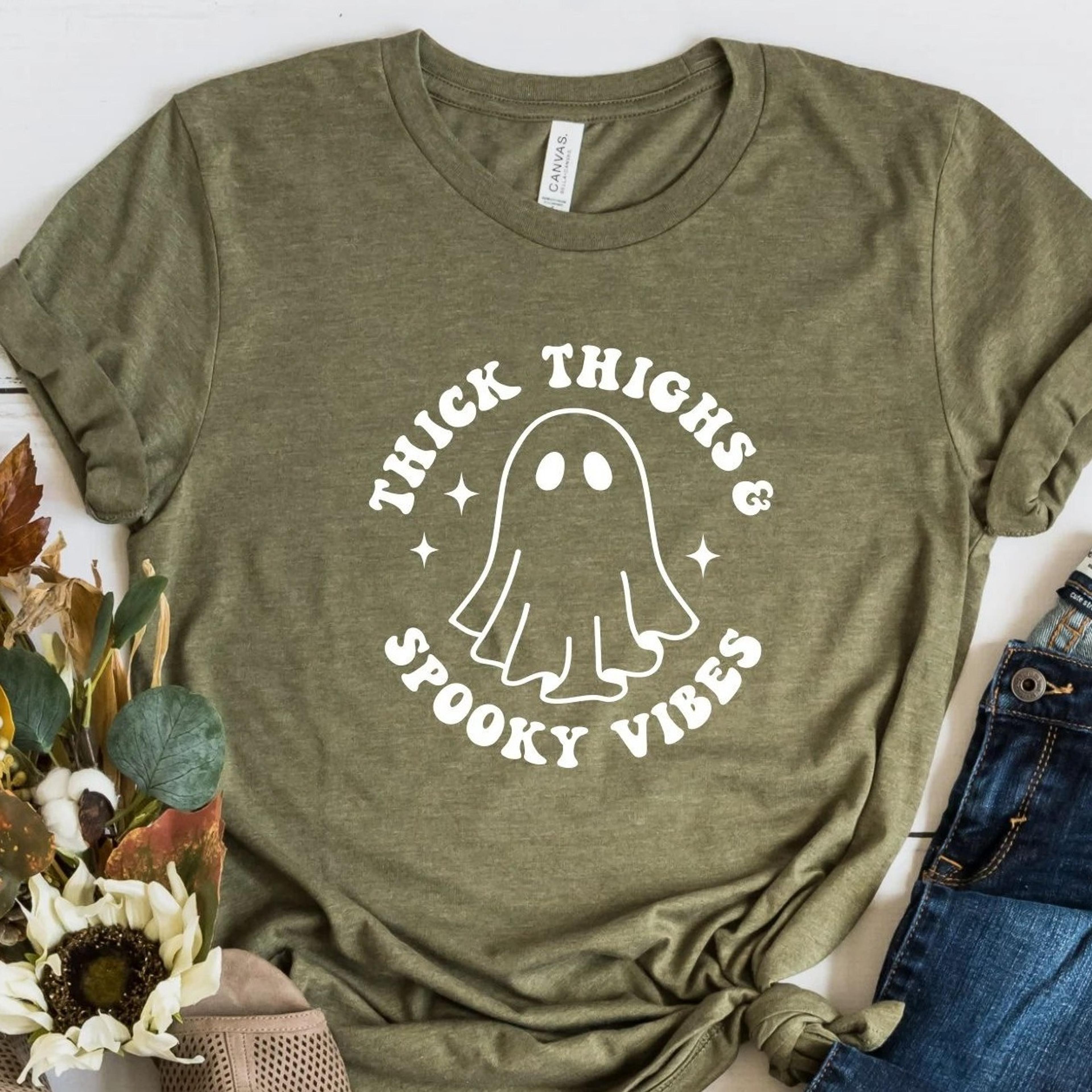 thick thighs spooky vibes shirt, halloween shirt, spooky shirt, october 31, retro halloween shirt, spooky ghost shirt