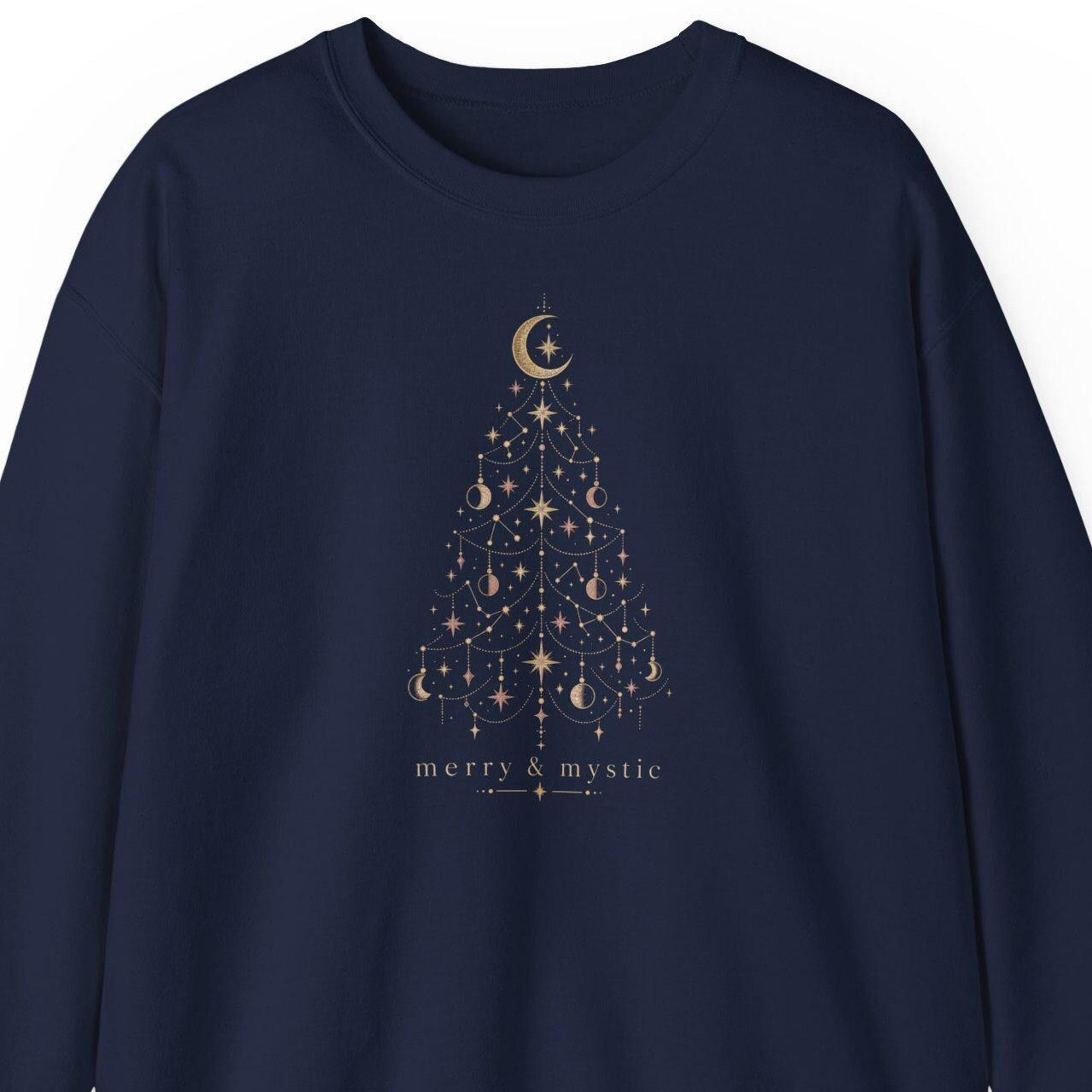merry and mystic sweatshirt, celestial christmas tree shirt, boho witchy holiday sweater, moon phase constellation xmas