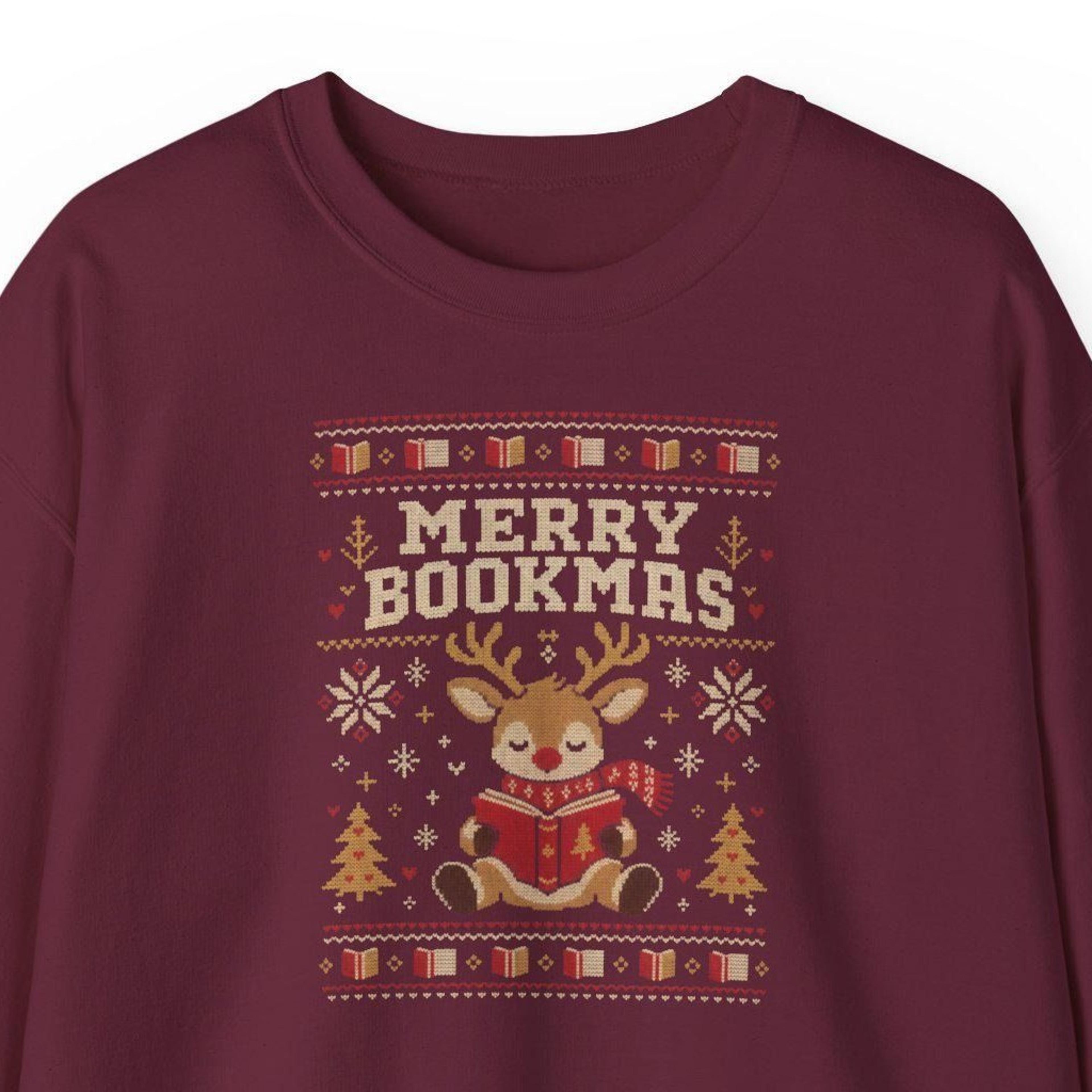 merry bookmas sweatshirt, funny christmas reading shirt, book lover christmas sweater, cute deer reading book crewneck