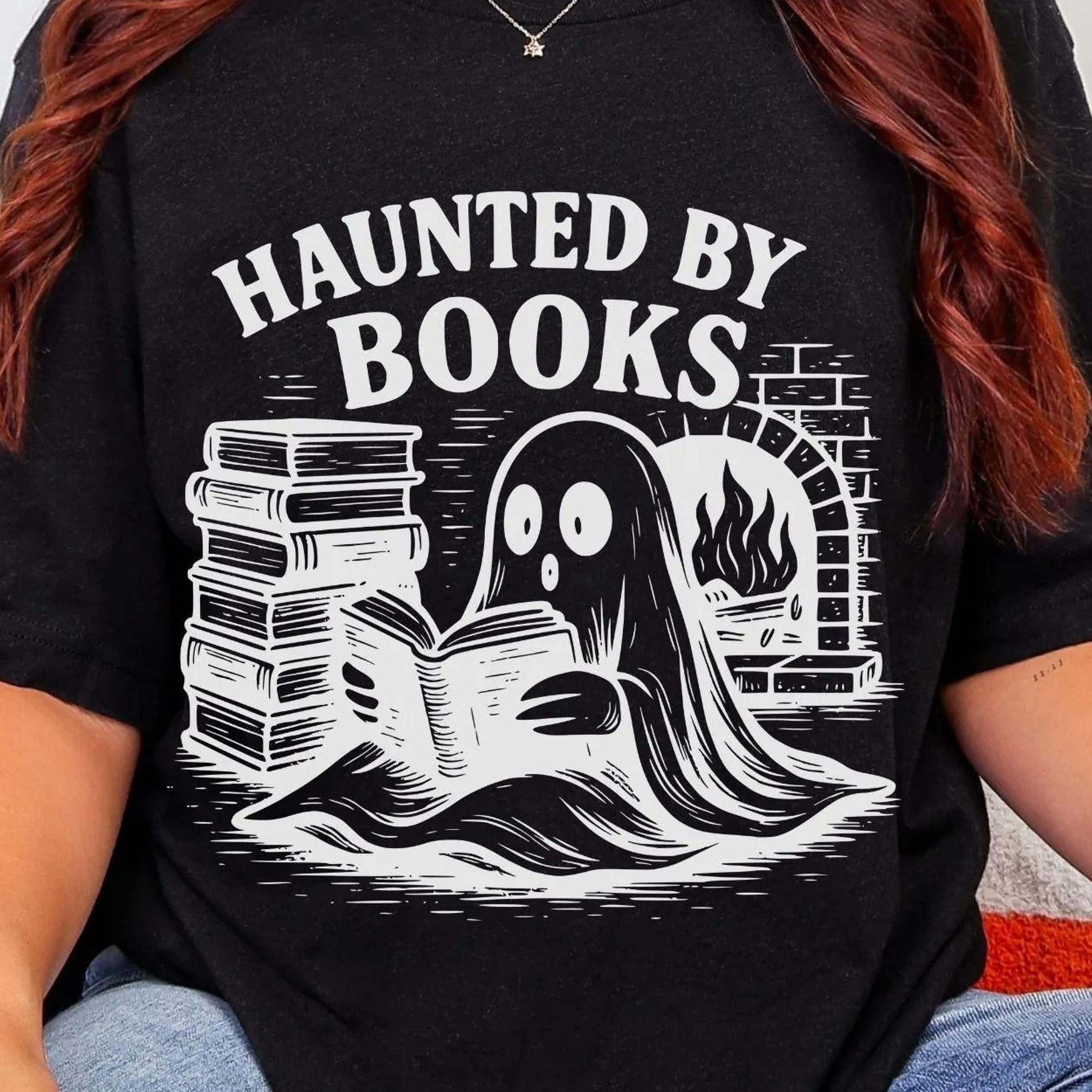 haunted by books sweatshirt halloween ghost reading shirt fall bookish sweater cute booklover gift spooky bookworm