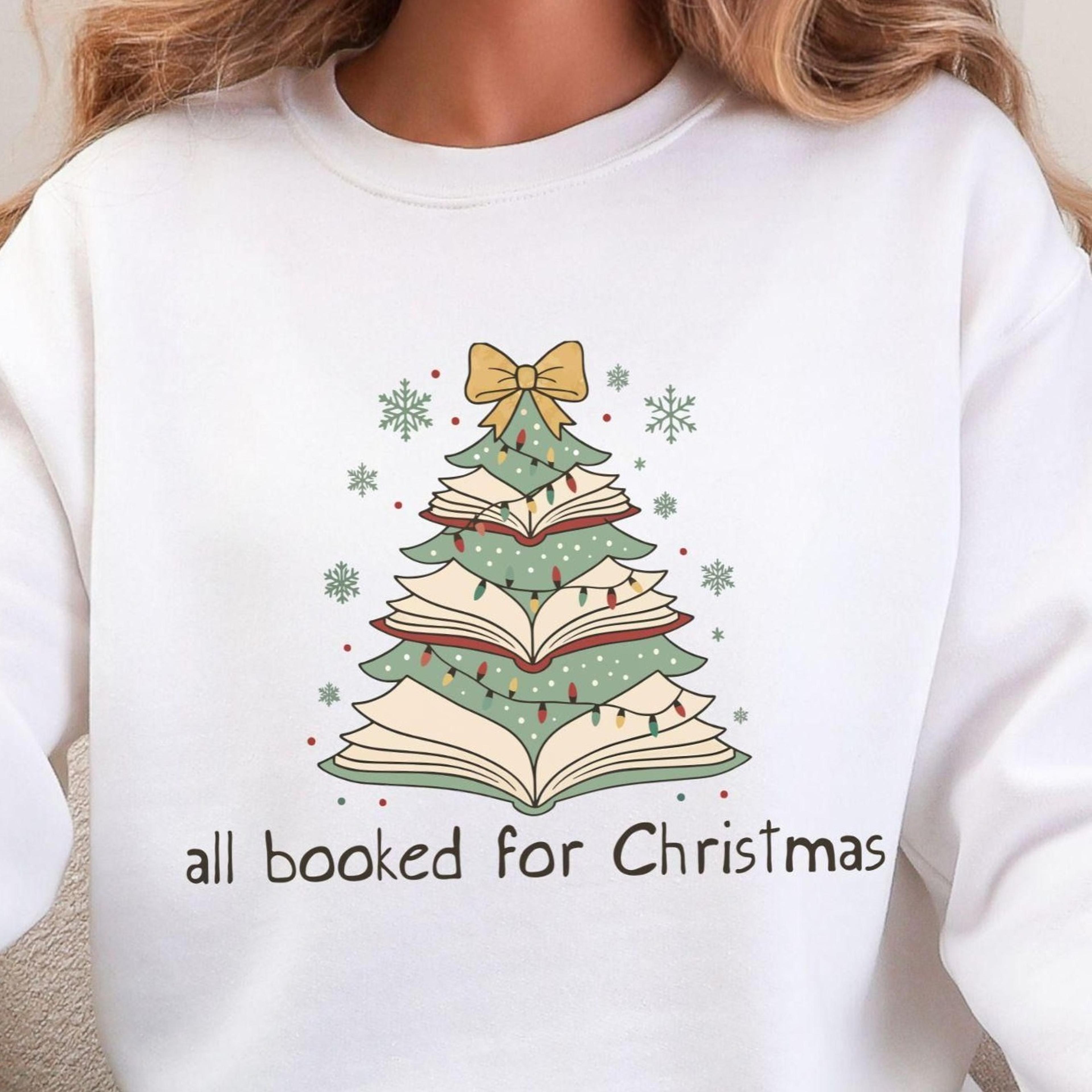 christmas book tree sweatshirt, all booked for christmas shirt gift for librarian, book lover xmas hoodie, holiday booki