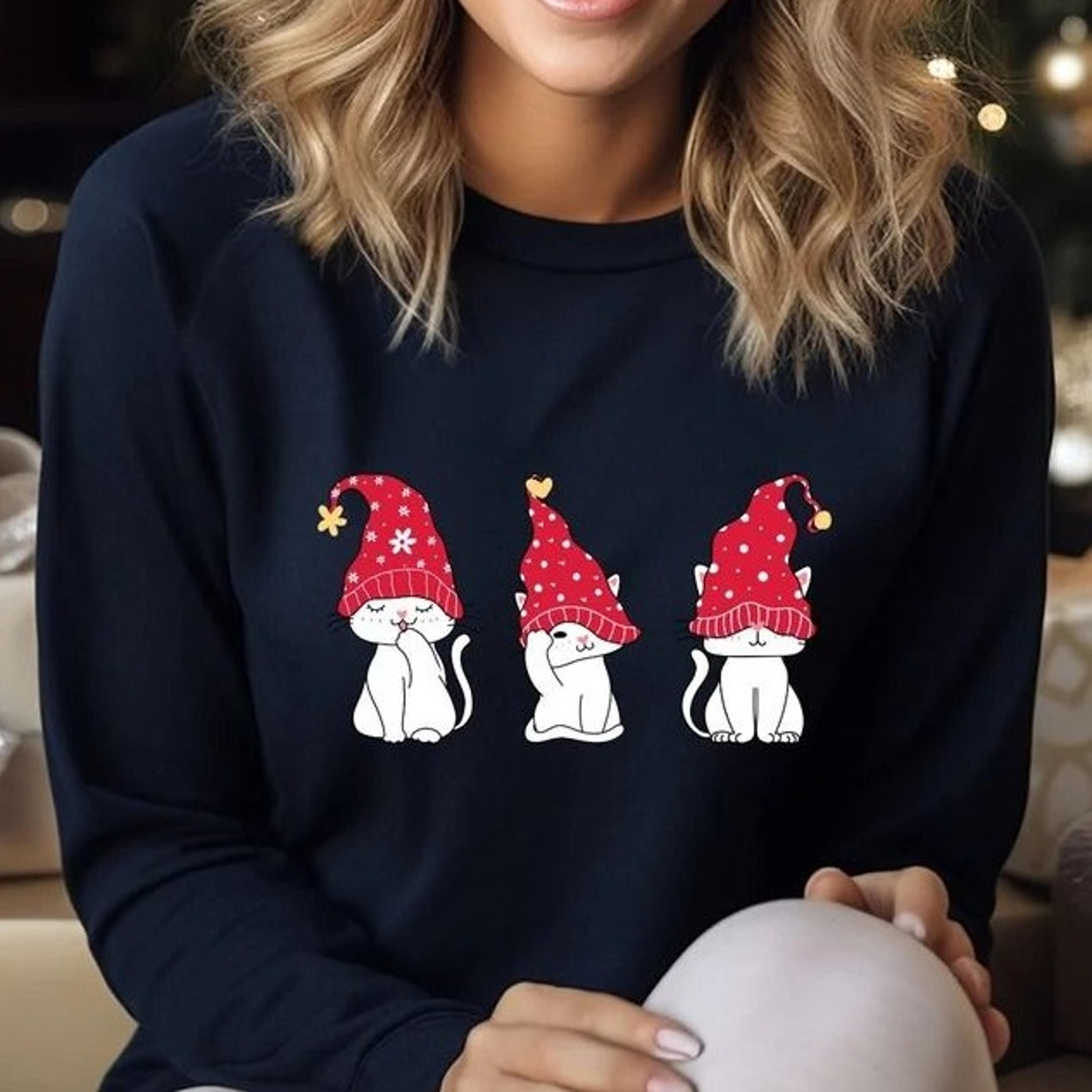 cat christmas sweatshirt, three cats santa hats tee, cat lover gift, womens holiday , cute christmas