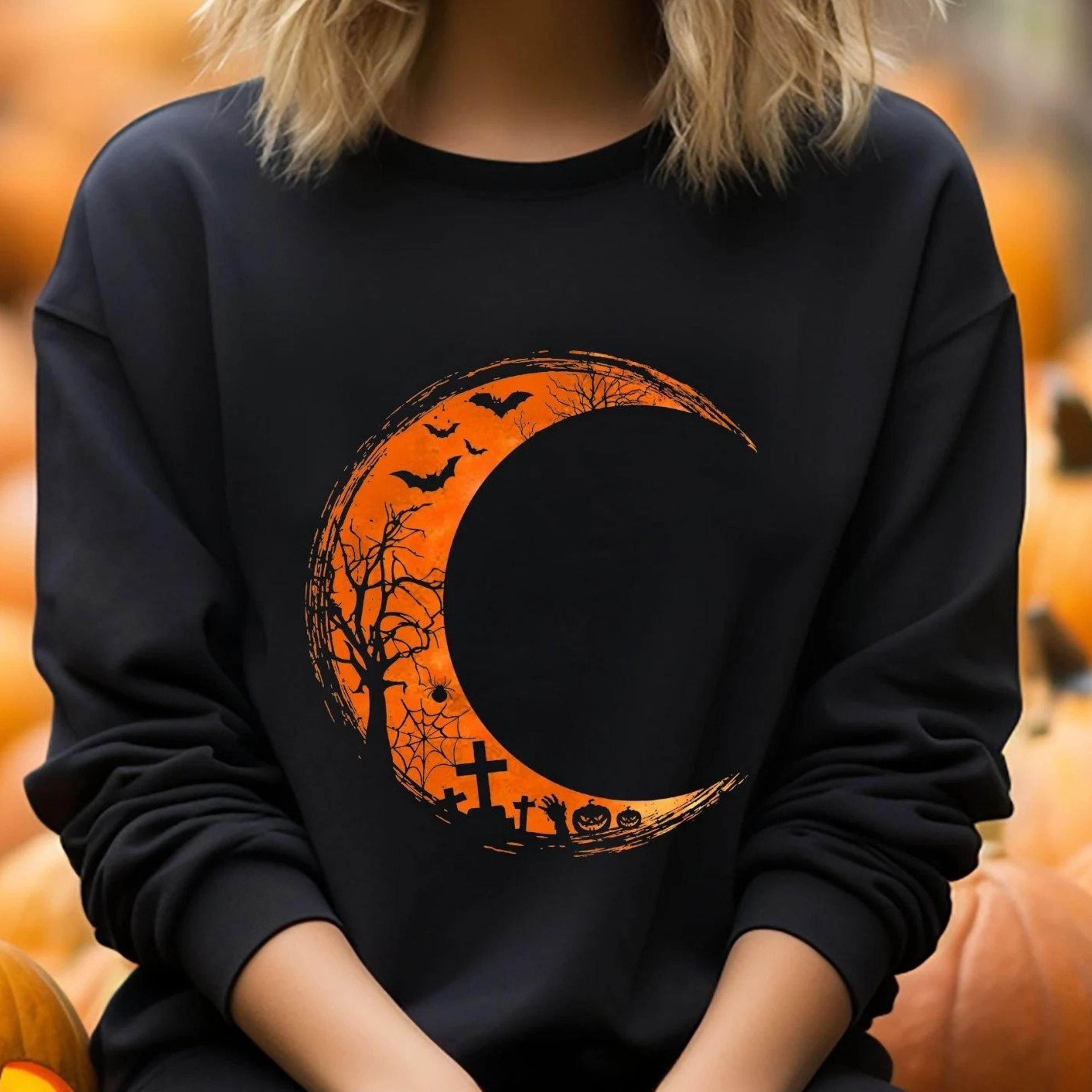 scarry halloween shirt. orange moon t-shirt. cute fall shirt. moon phase tee shirt. gothic halloween tees. halloween