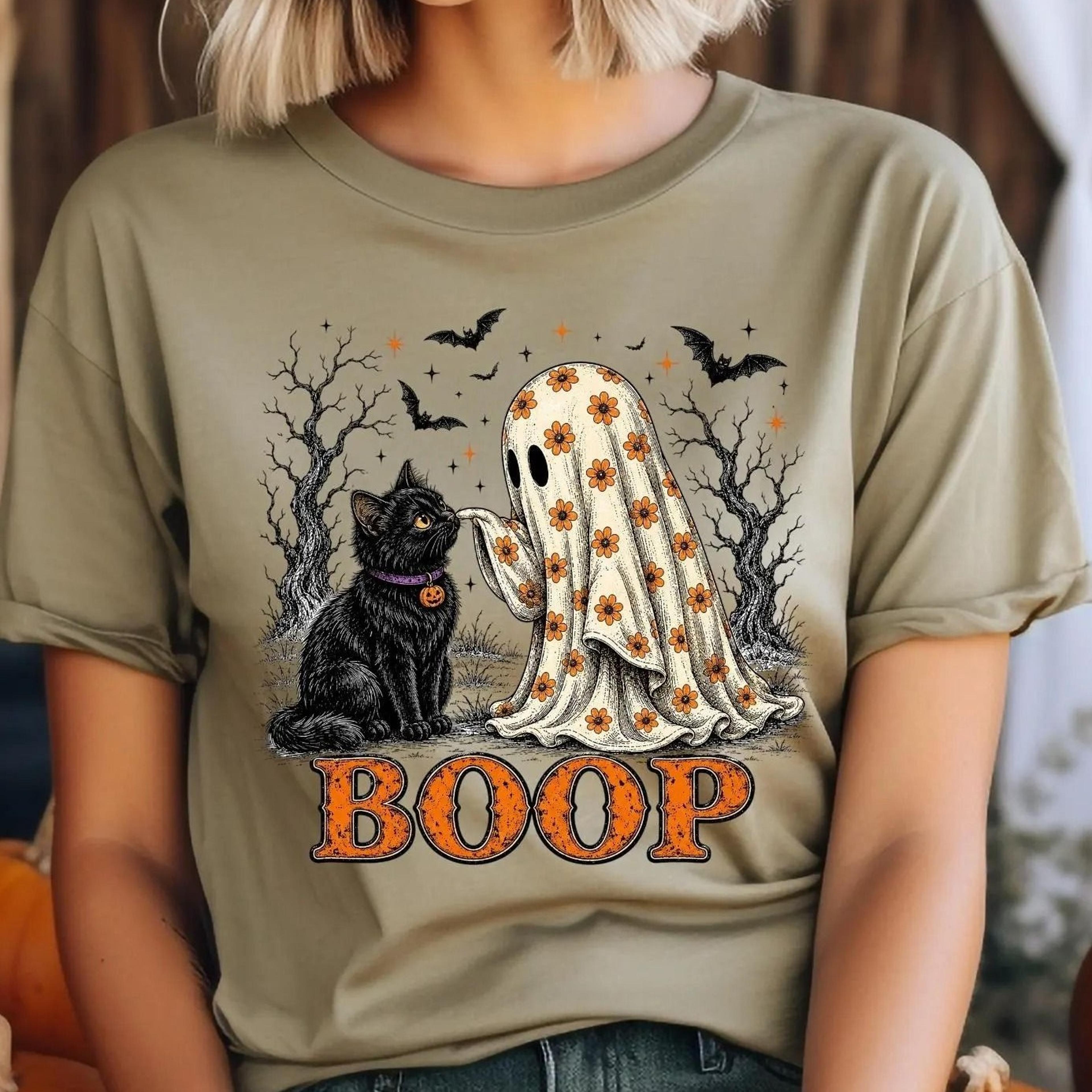 ghost cat boop sweatshirt, cute halloween , floral ghost t-shirt, black cat halloween gift, spooky season boop
