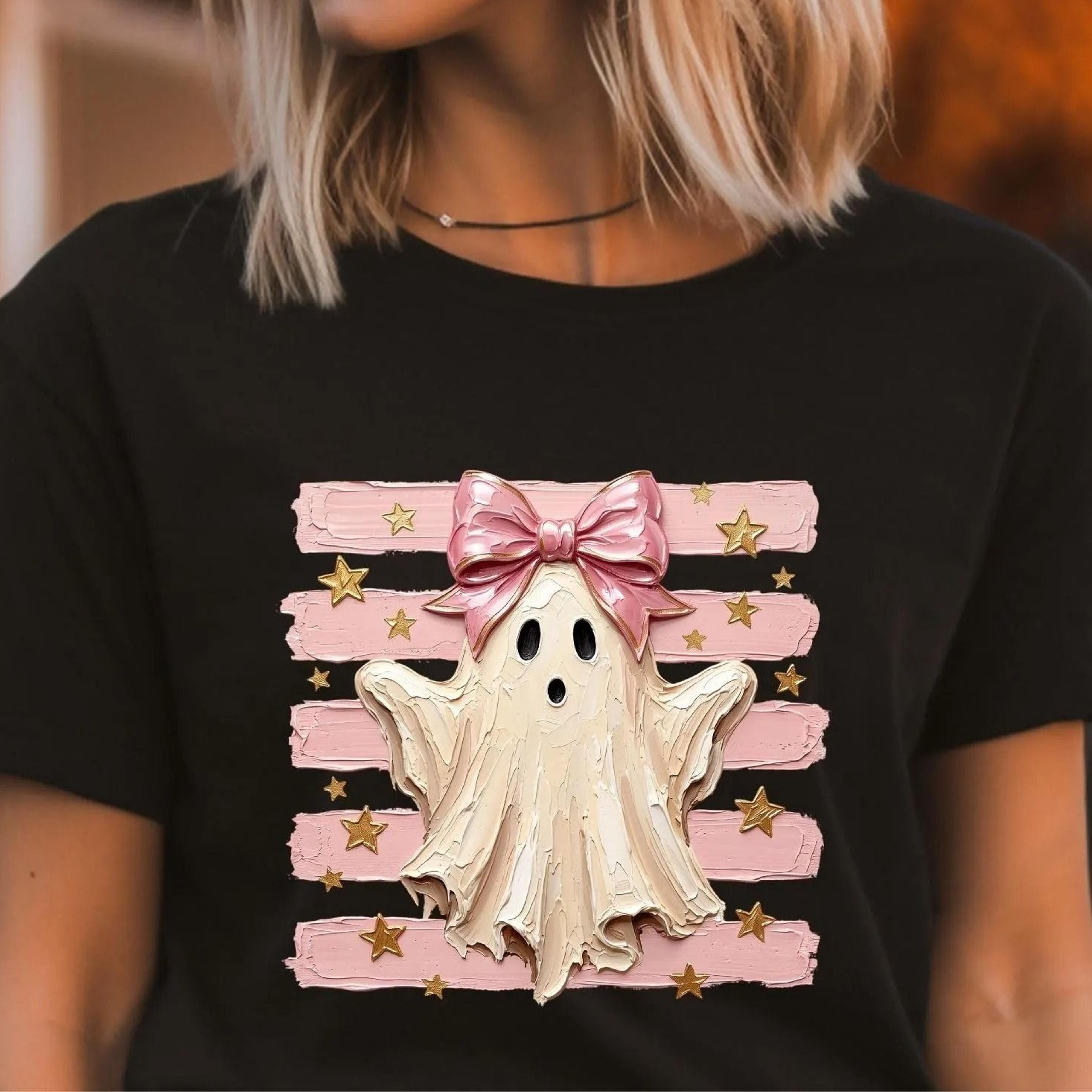 coquette ghost sweatshirt, pink bow halloween hoodie, girly ghost t-shirt, spooky season gift, pastel halloween tee