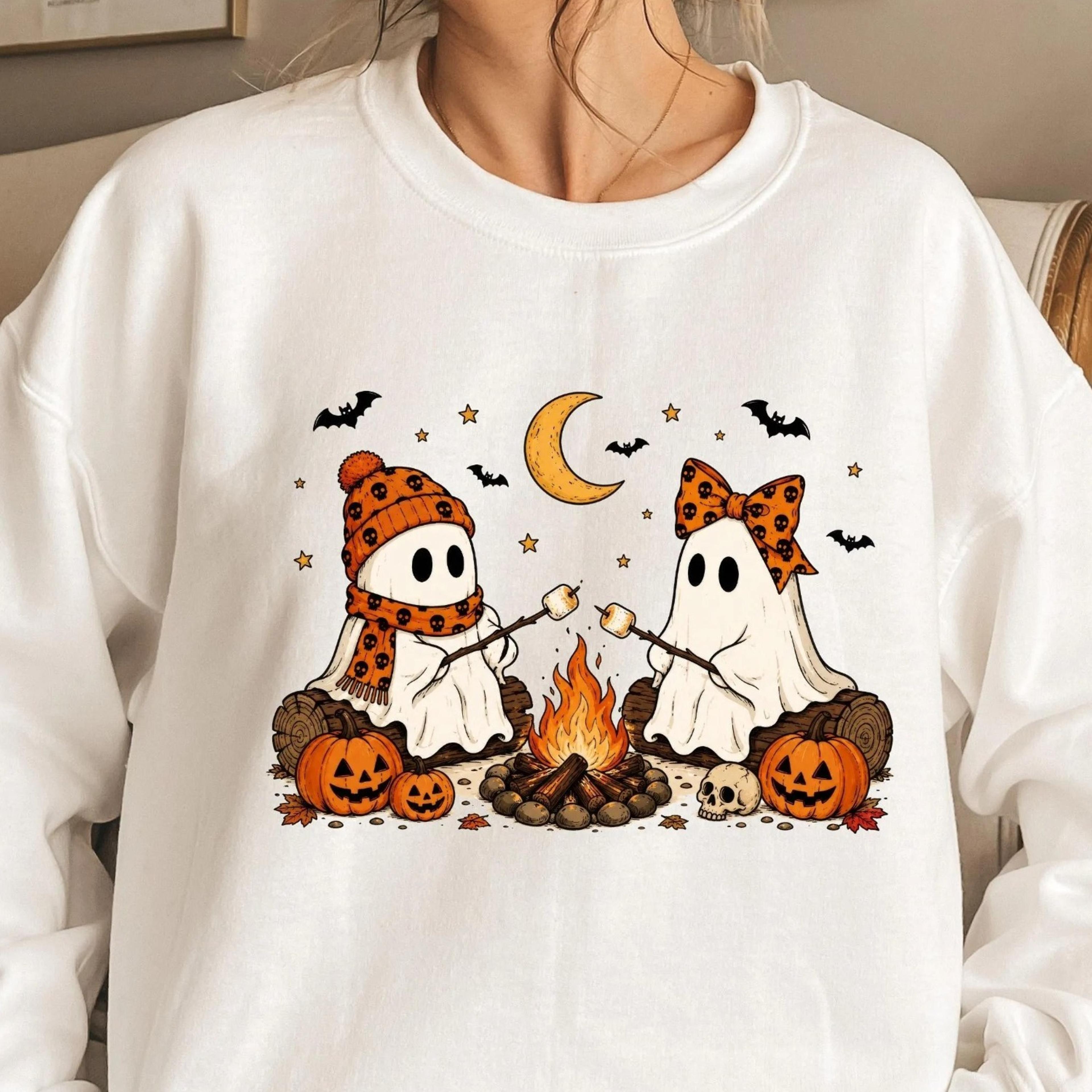 ghost campfire sweatshirt, cute halloween ghost , spooky season t-shirt, fall marshmallow ghost tee, cozy