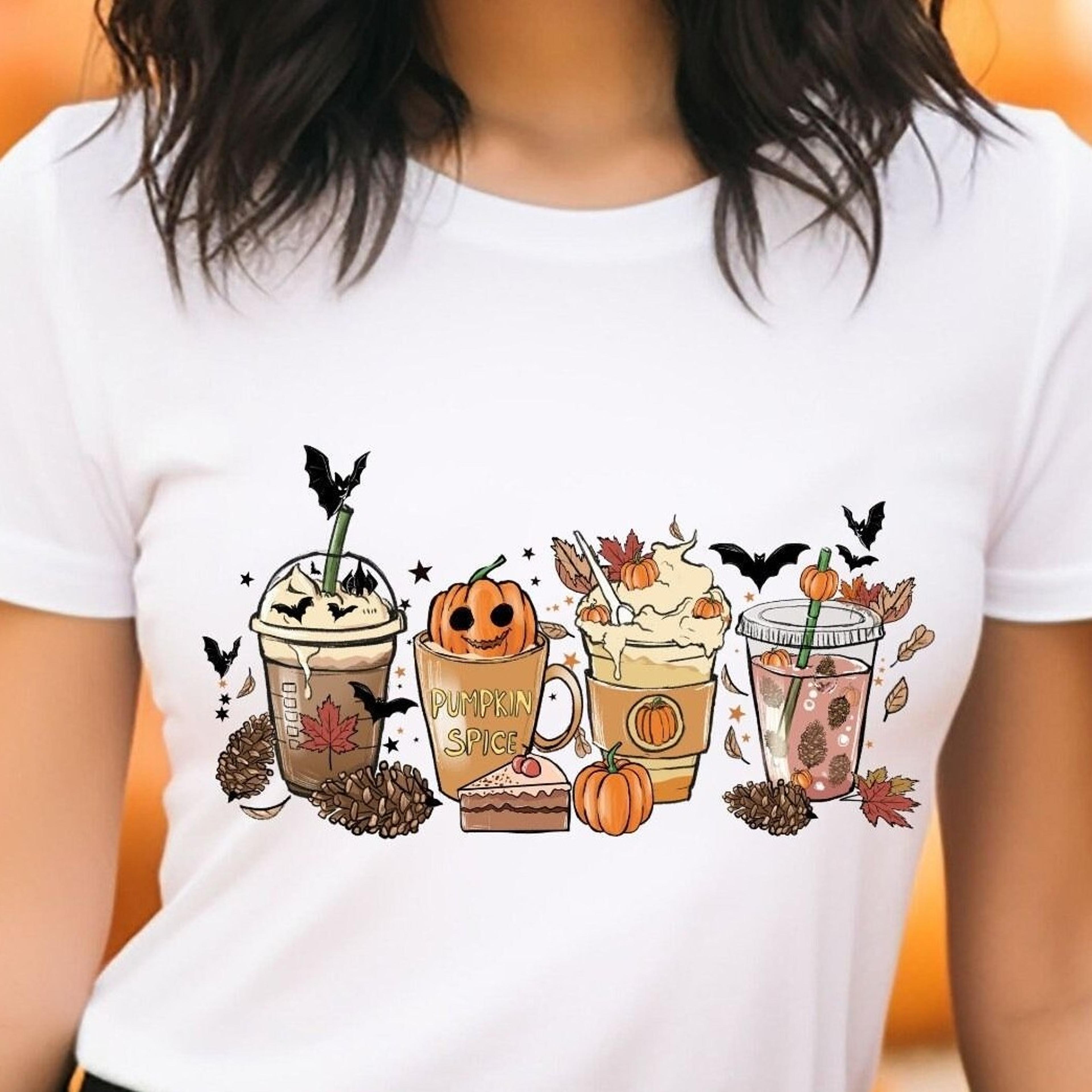 fall coffee shirt, cute halloween pumpkin t-shirt, thanksgiving sweatshirt, autumn coffee cups