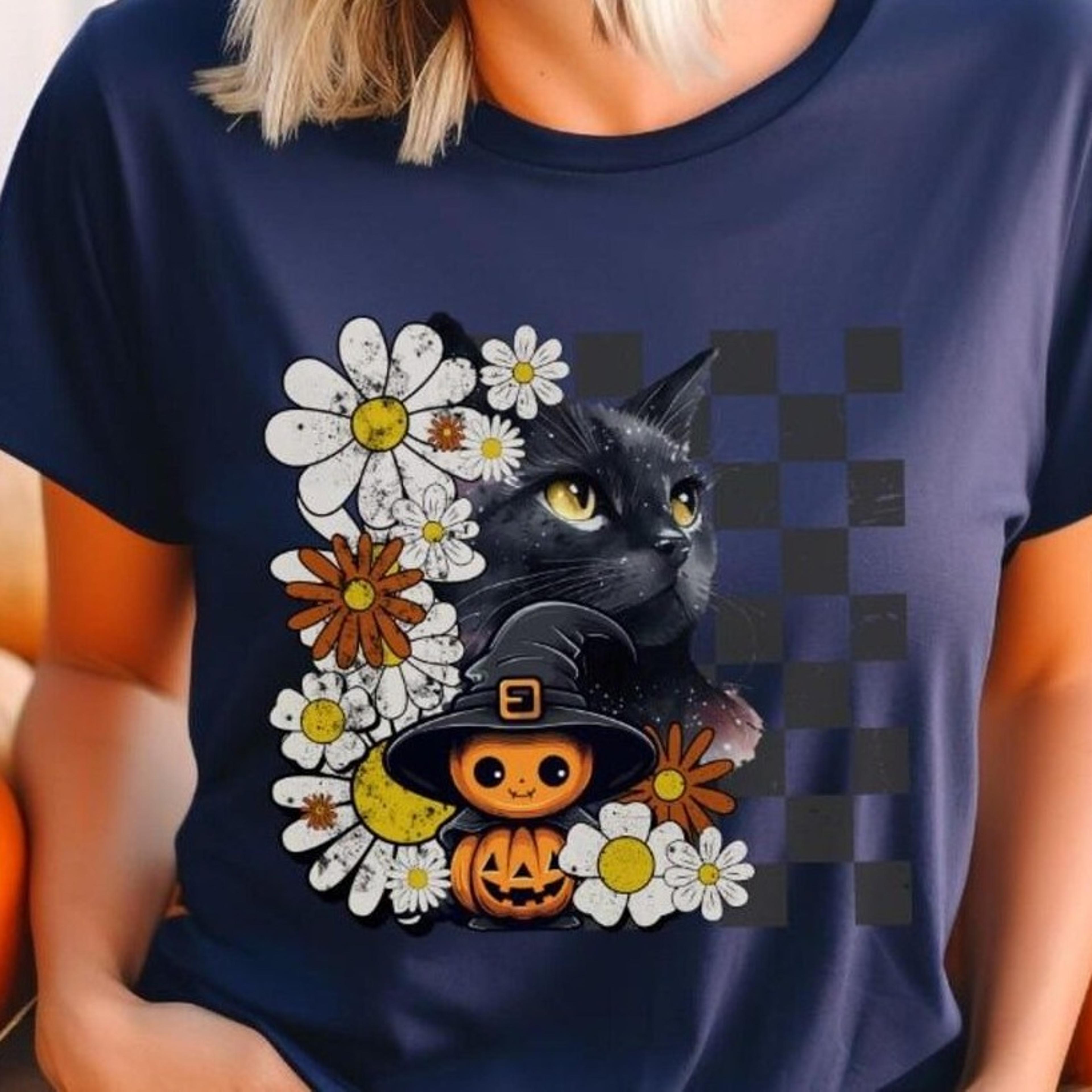 vintage halloween cat sweatshirt, black cat pumpkin hoodie, retro daisy fall t-shirt, cute witch cat tee