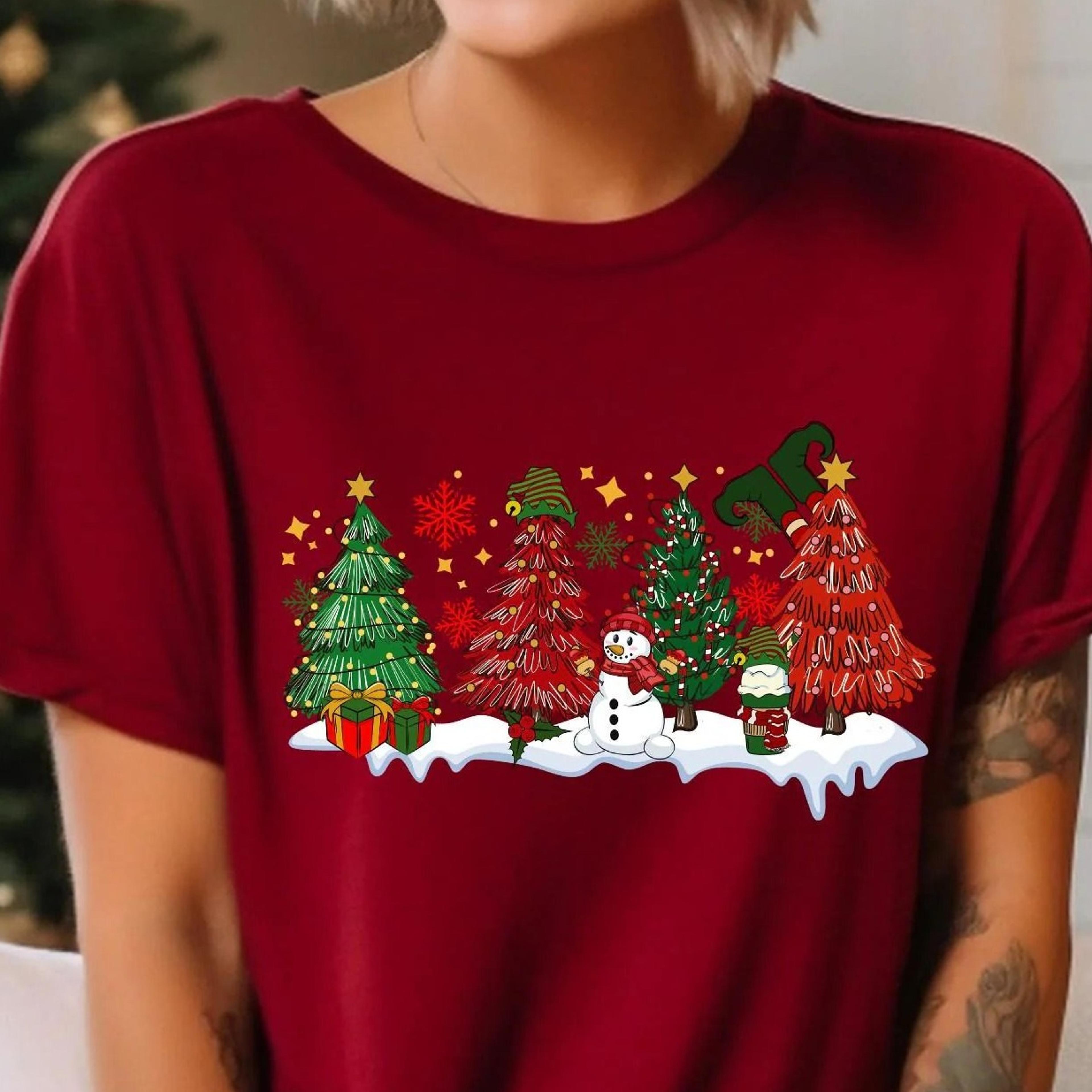 christmas tree snowman sweatshirt, elf holiday , chic christmas trees sweater, festive winter tee, cozy christmas