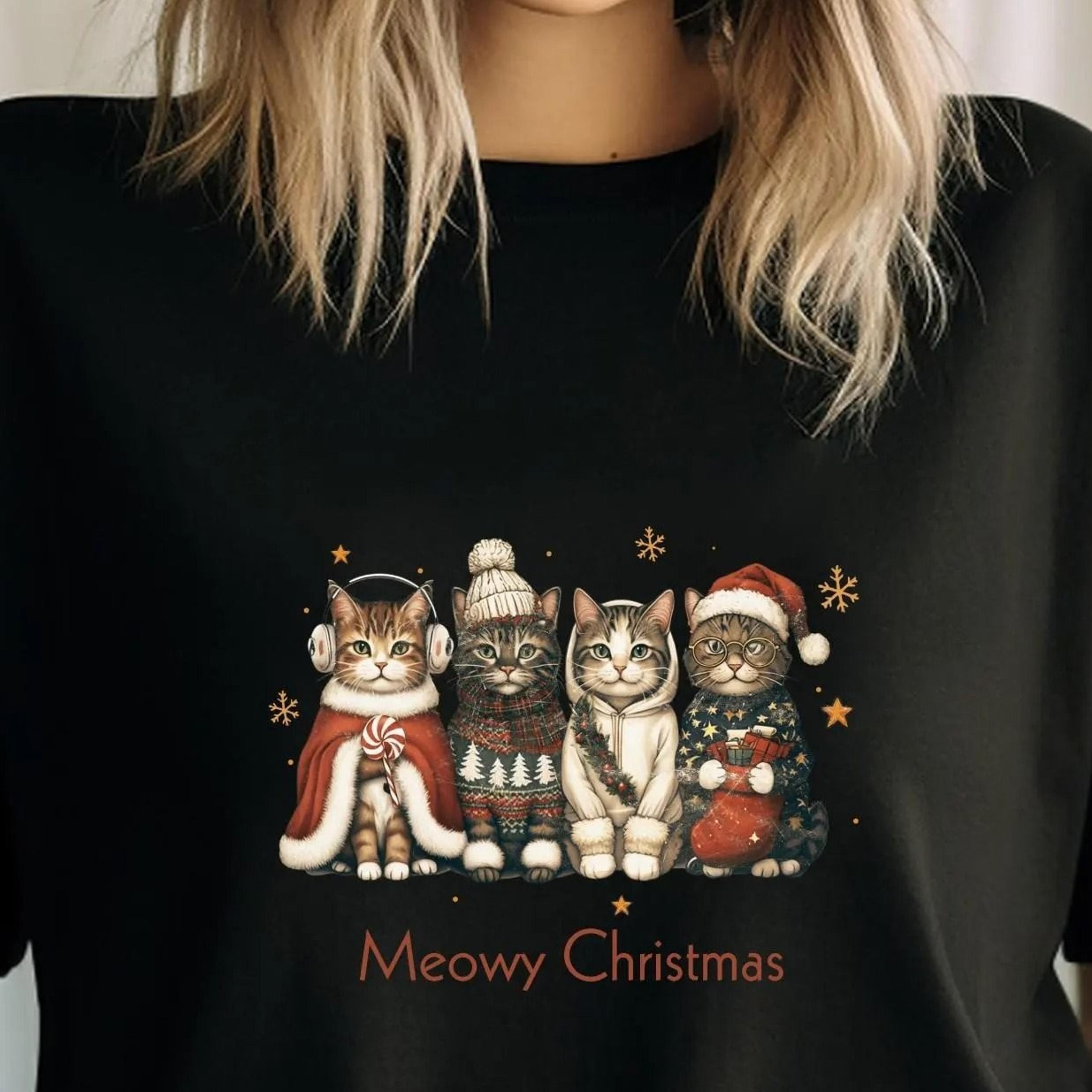 meowy christmas vintage cats sweatshirt, holiday t-shirt, cozy cat lover hoodie, funny xmas graphic tee, retro christmas