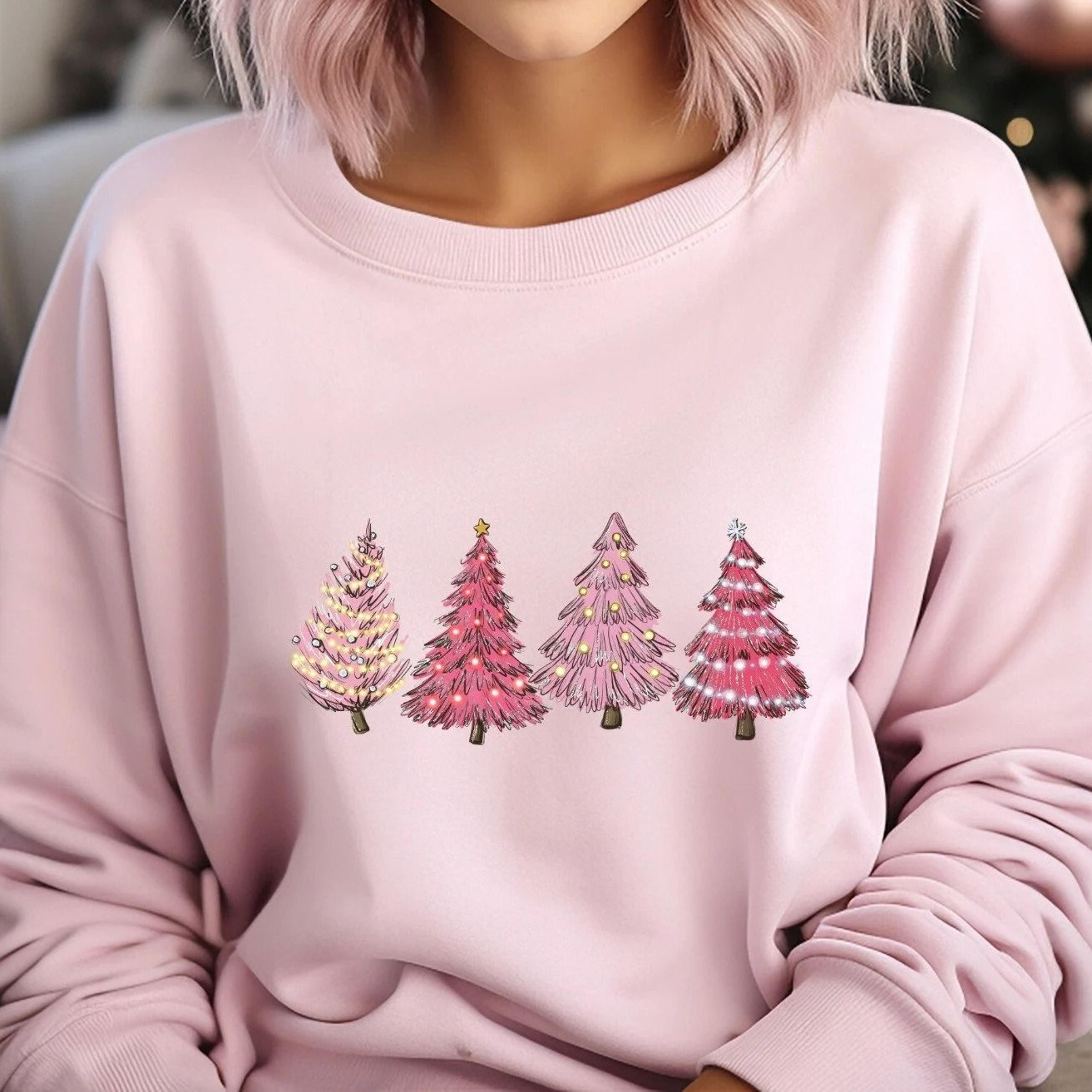 pink christmas tree sweatshirt, christmas, christmas shirts for women, pastel xmas sweater, cute holiday crewneck