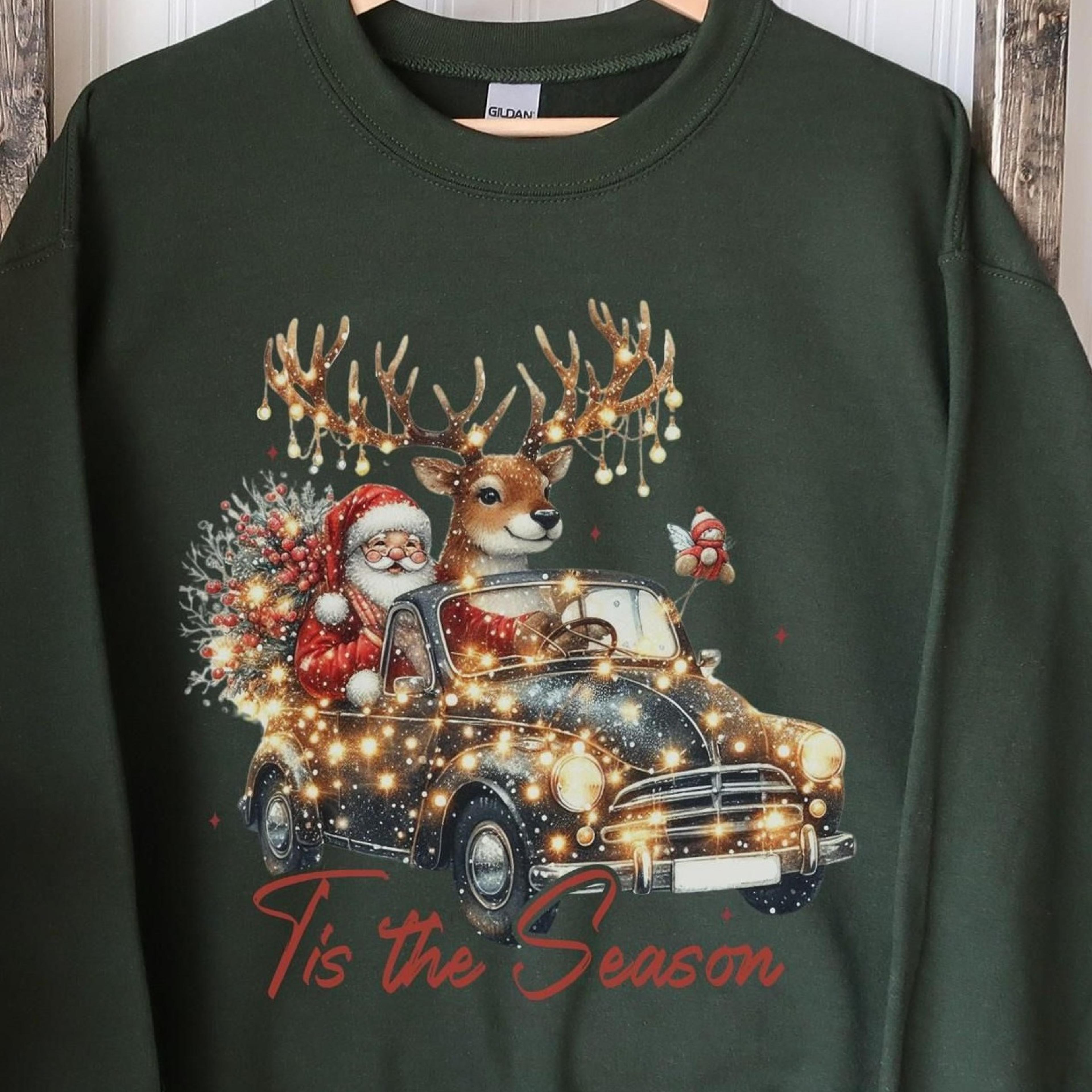 tis the season sweatshirt, santa reindeer car hoodie, vintage christmas tee, christmas crewneck