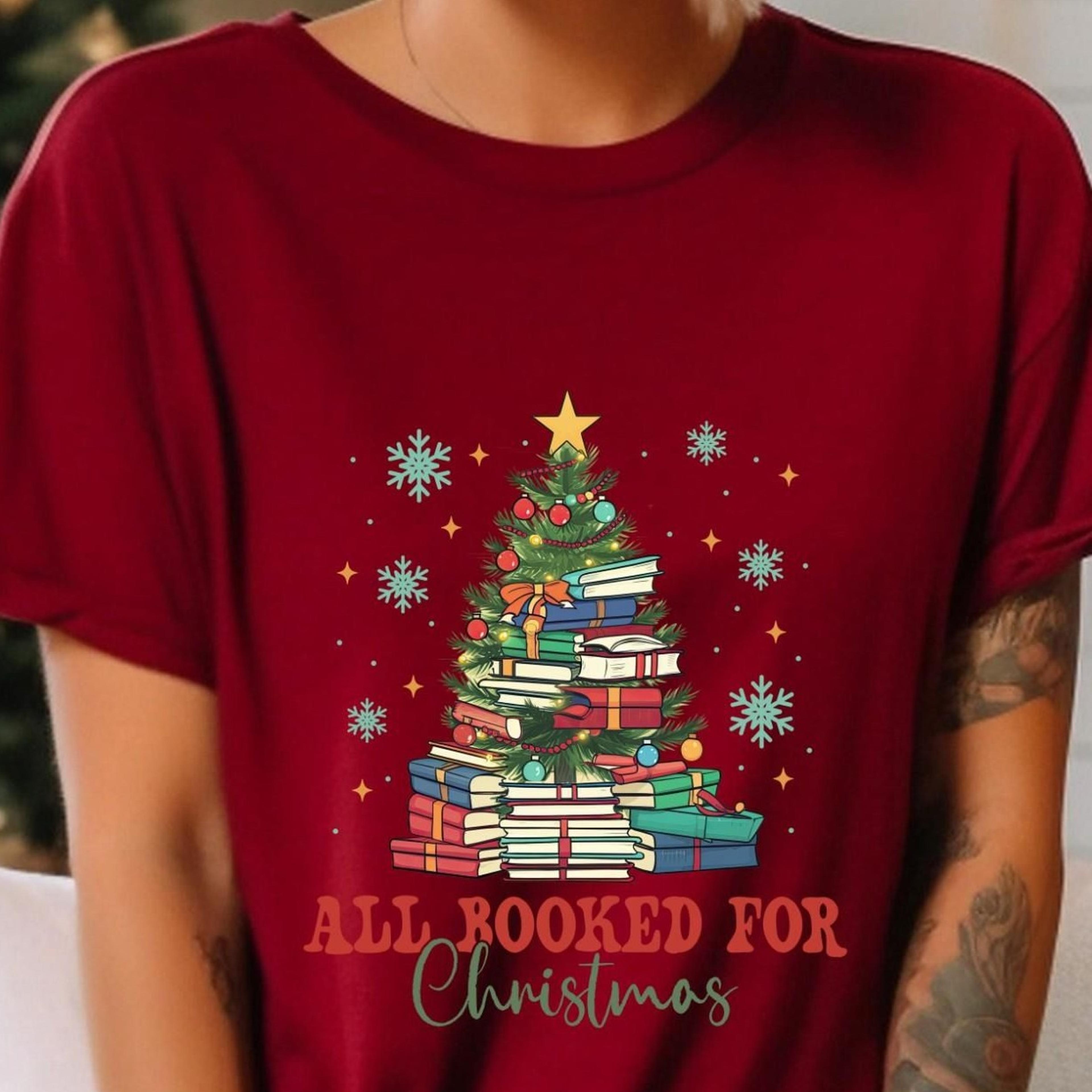 all booked for christmas sweatshirt, t-shirt for librarian, bookworm xmas sweater, christmas book tree shirt, book lover