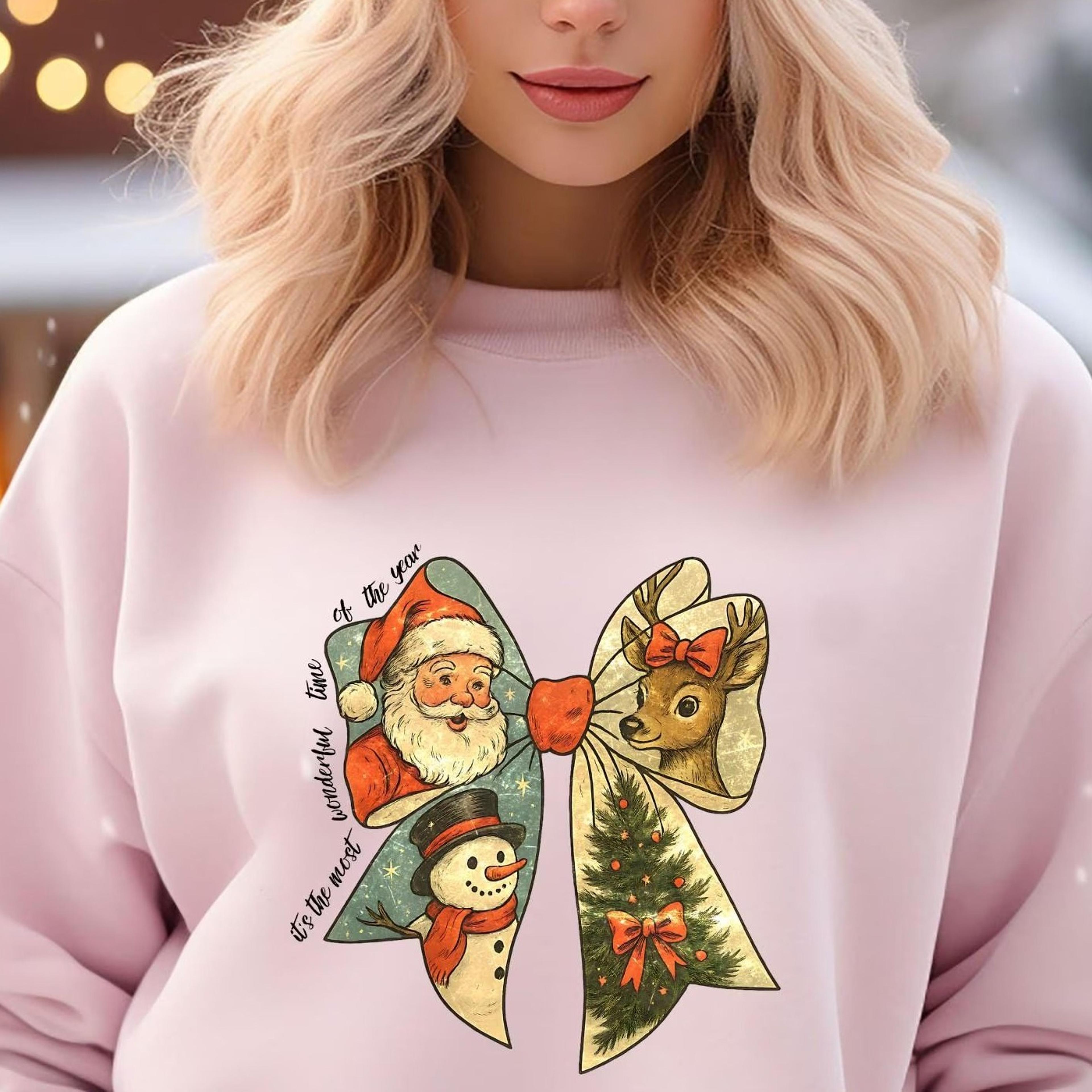 vintage christmas bow sweatshirt, santa claus snowman and reindeer and tree t-shirt hoodie holiday graphic tee, vintage