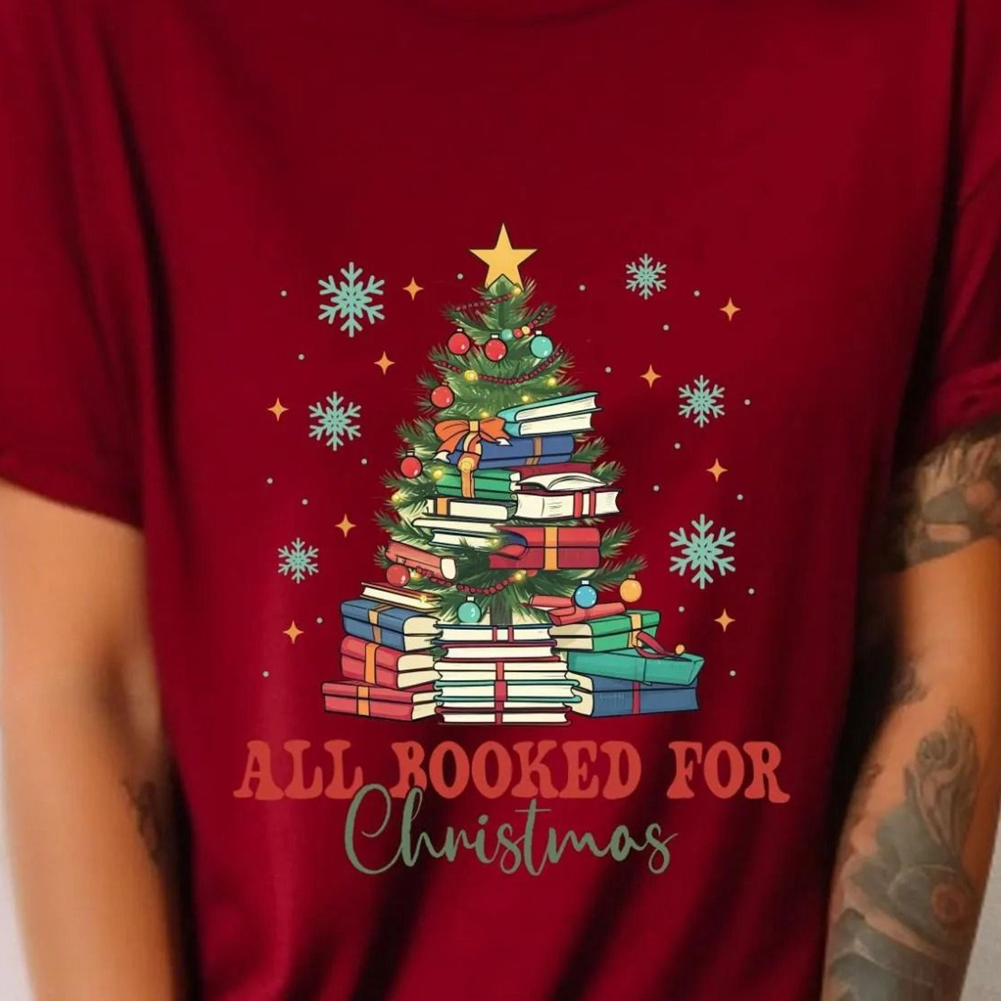 all booked for christmas sweatshirt, t-shirt for librarian, bookworm xmas sweater, christmas book tree shirt