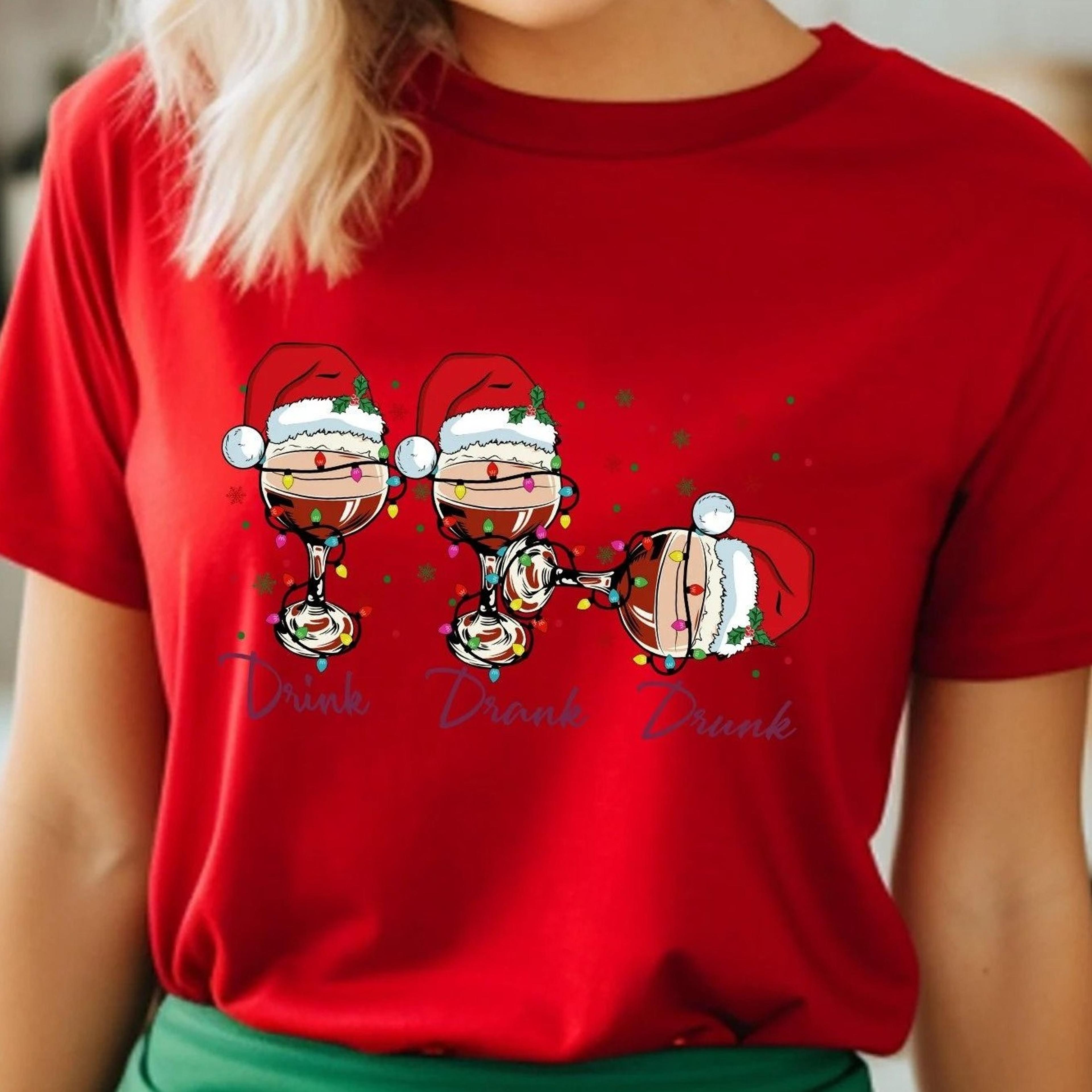 drink drank drunk sweatshirt, christmas wine glasses , funny xmas sweater, wine lover christmas tee
