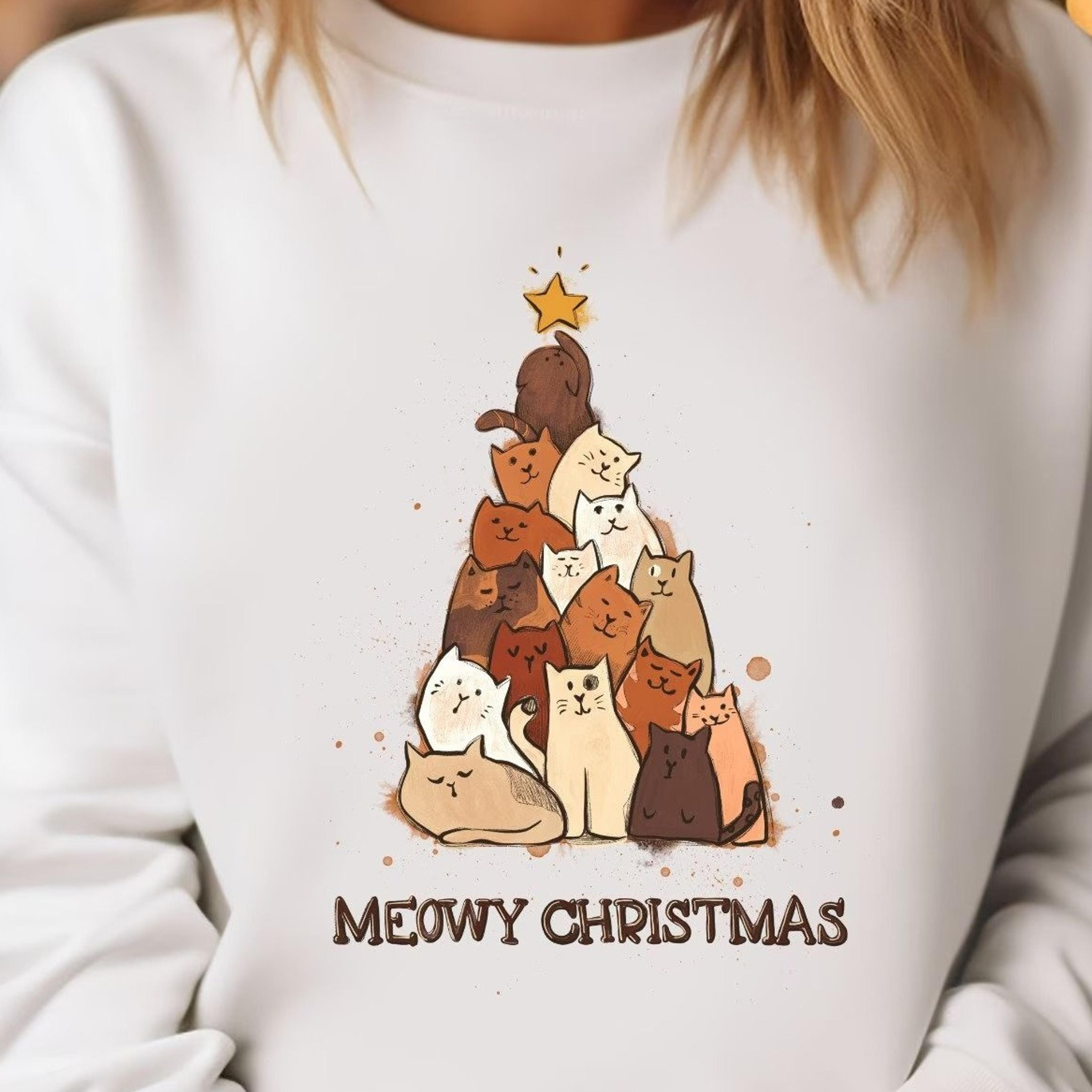 cat lover sweatshirt, funny christmas sweater, holiday crewneck, meowy christmas t-shirt, cute cat
