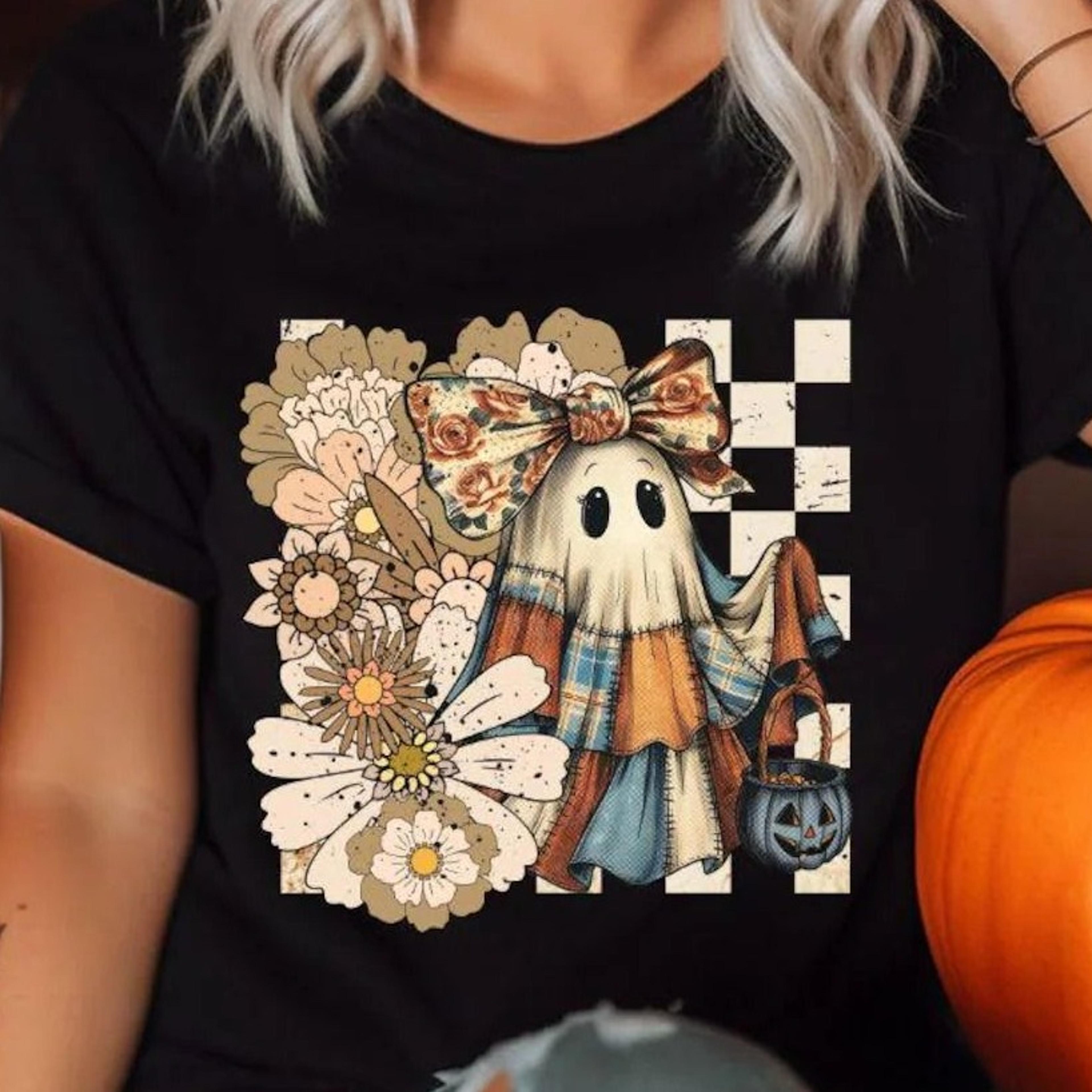 cute ghost sweatshirt, vintage halloween hoodie, floral bow ghost t-shirt, cottagecore fall sweater