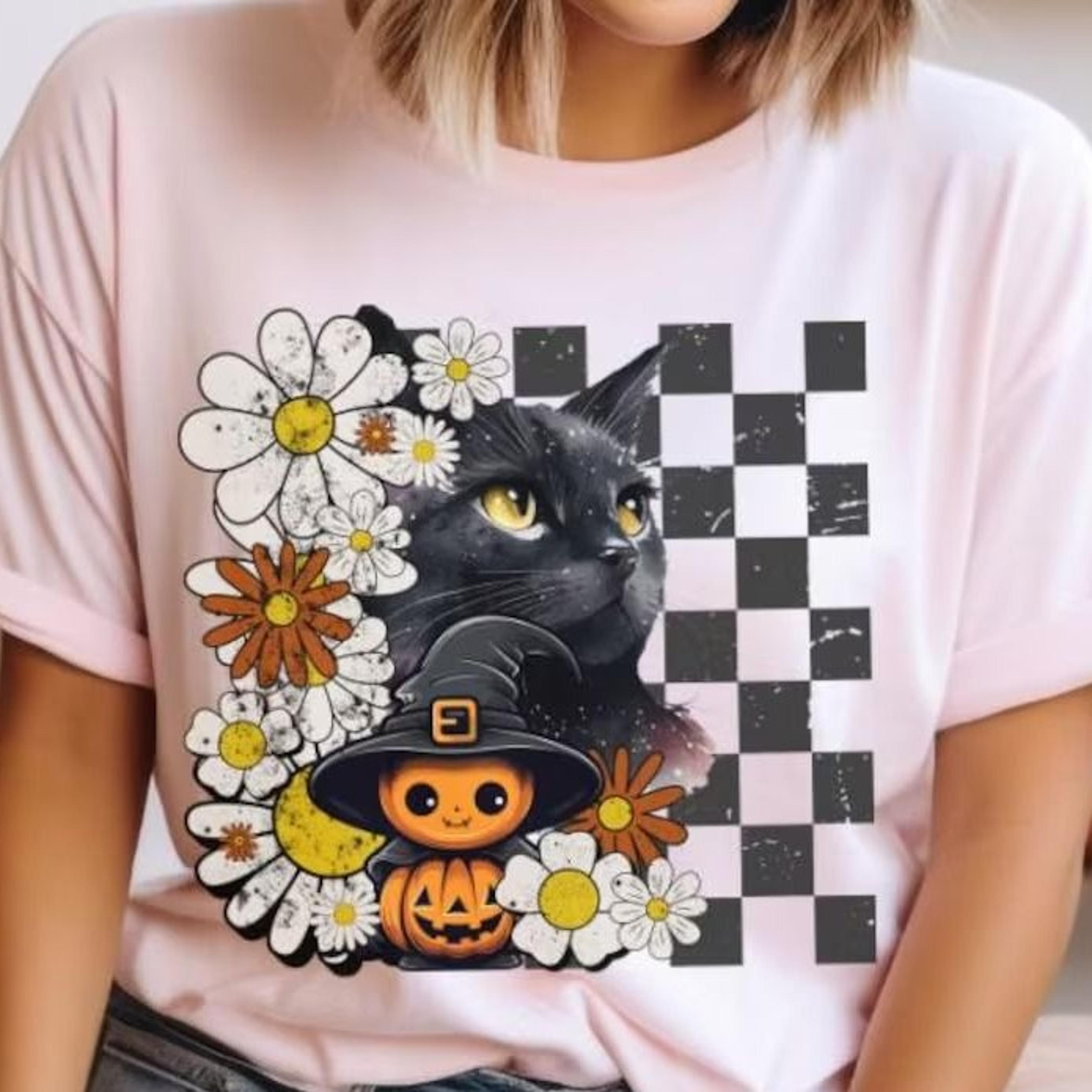 vintage halloween cat sweatshirt, black cat pumpkin , retro daisy fall t-shirt, cute witch cat tee,