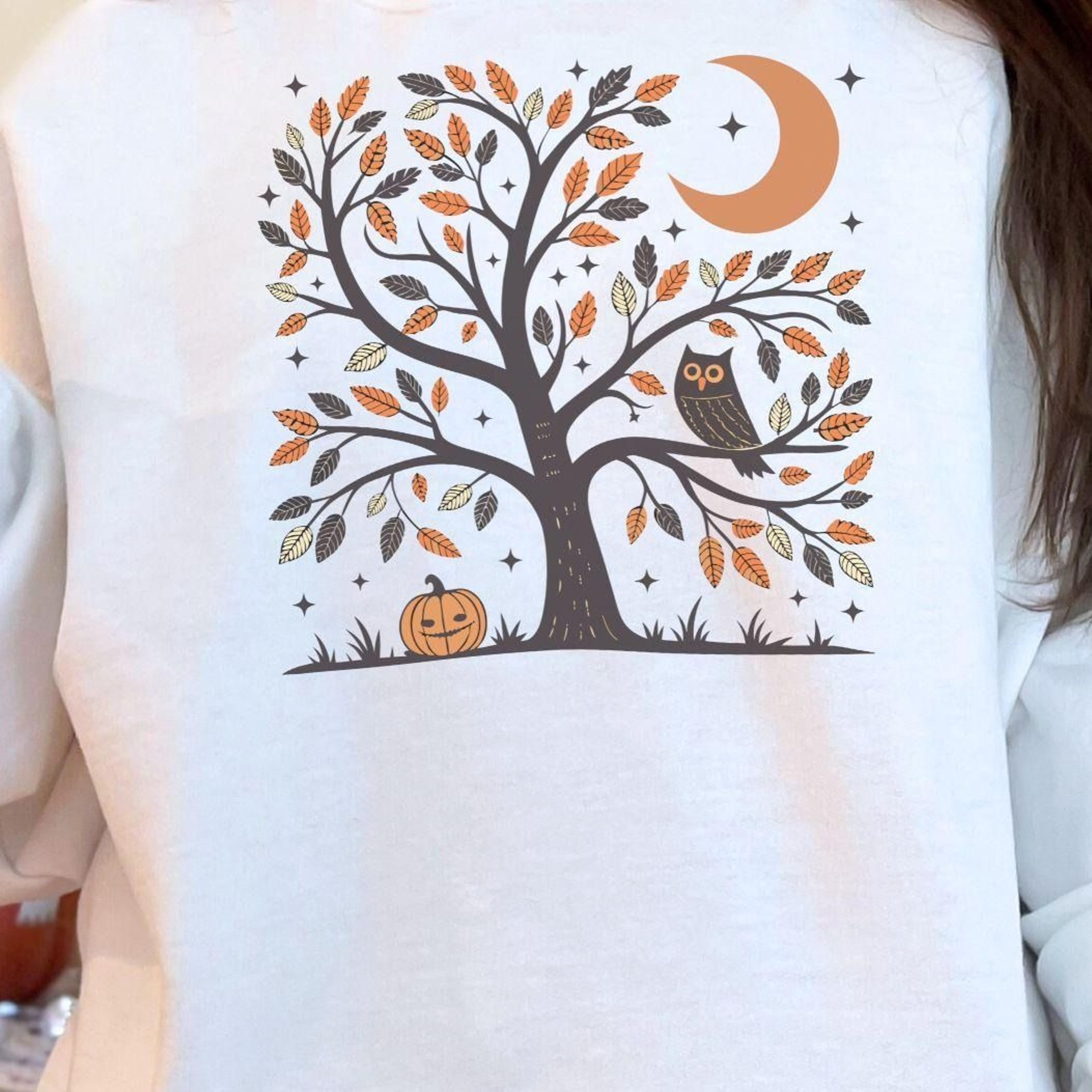 fall tree sweatshirt cute autumn owl crewneck shirt pumpkin hoodie cozy halloween gift for women folk art fall leaves