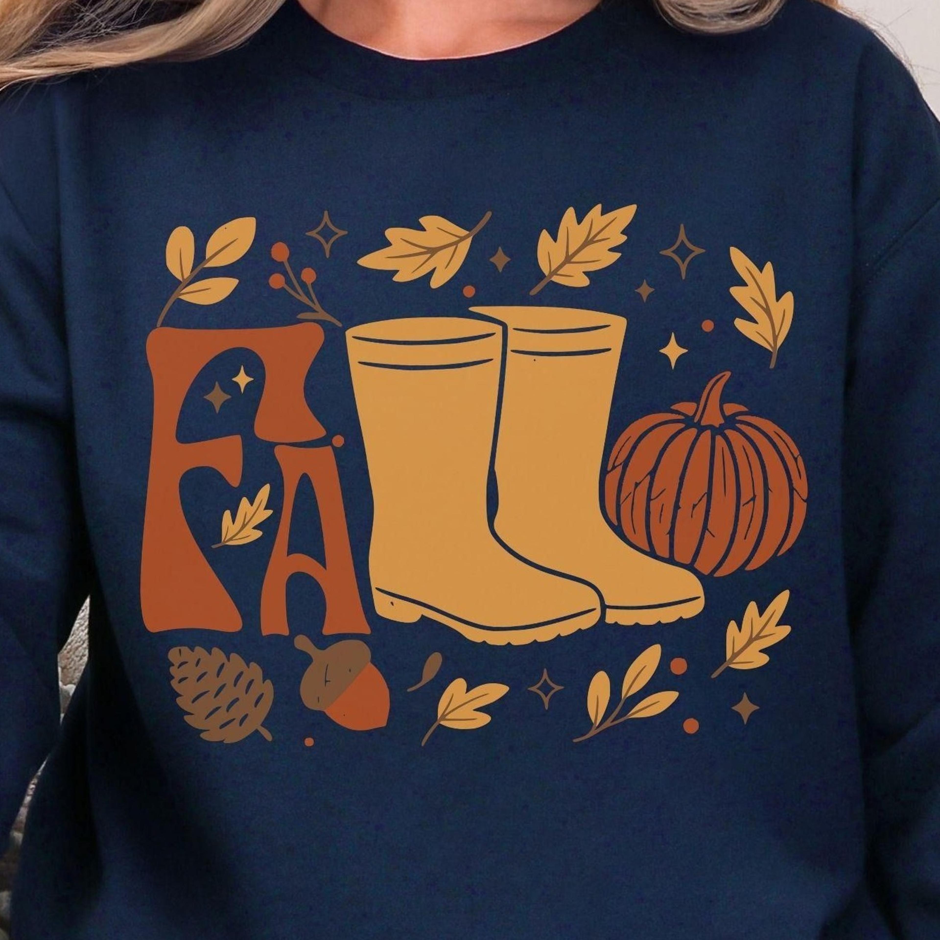 fall sweatshirt with boots pumpkin shirt autumn leaf sweater cute cozy fall retro fall outfit gift her pullover