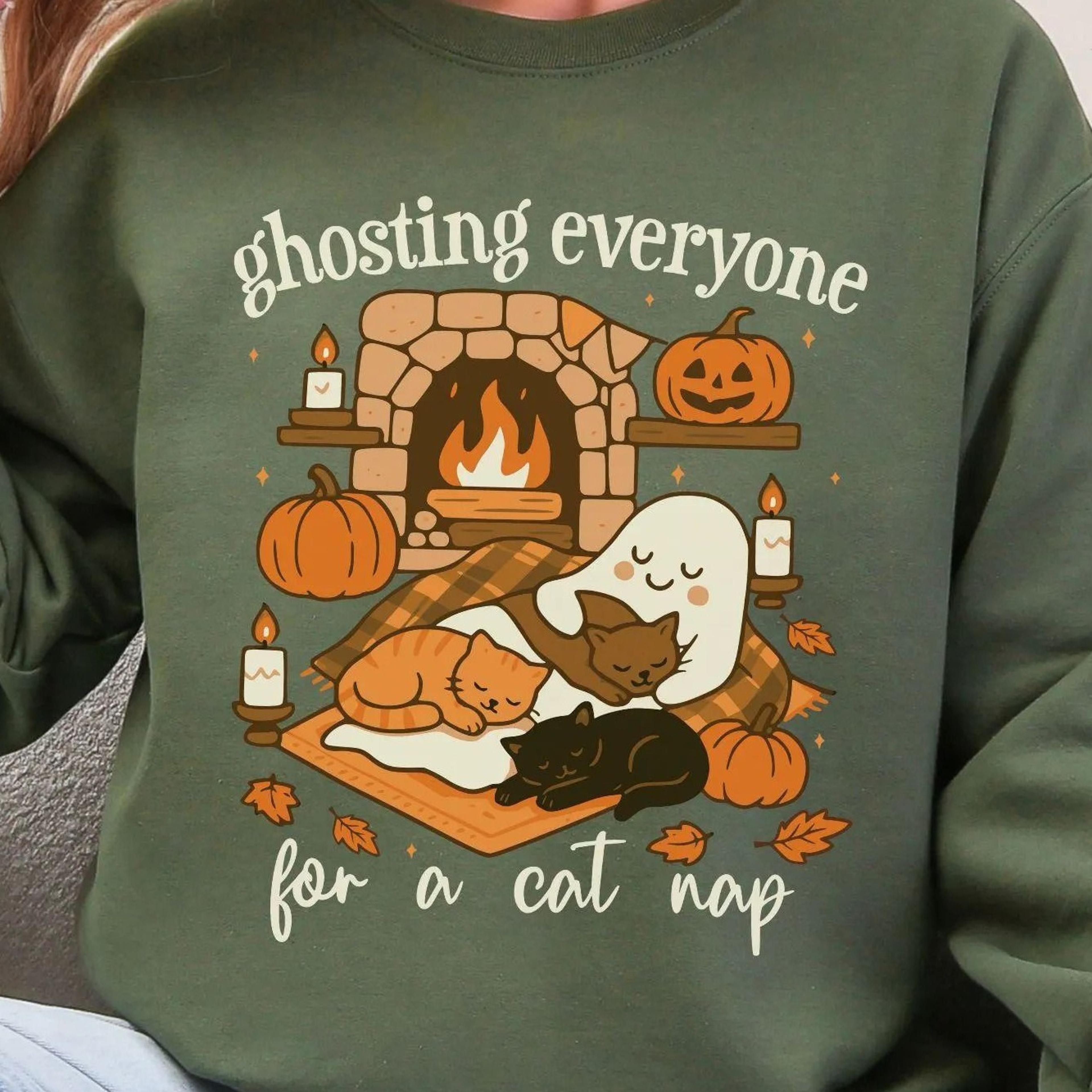 ghosting everyone for a cat nap shirt funny halloween sweatshirt for catlovers cozy fall ghost sweater for women, spooky