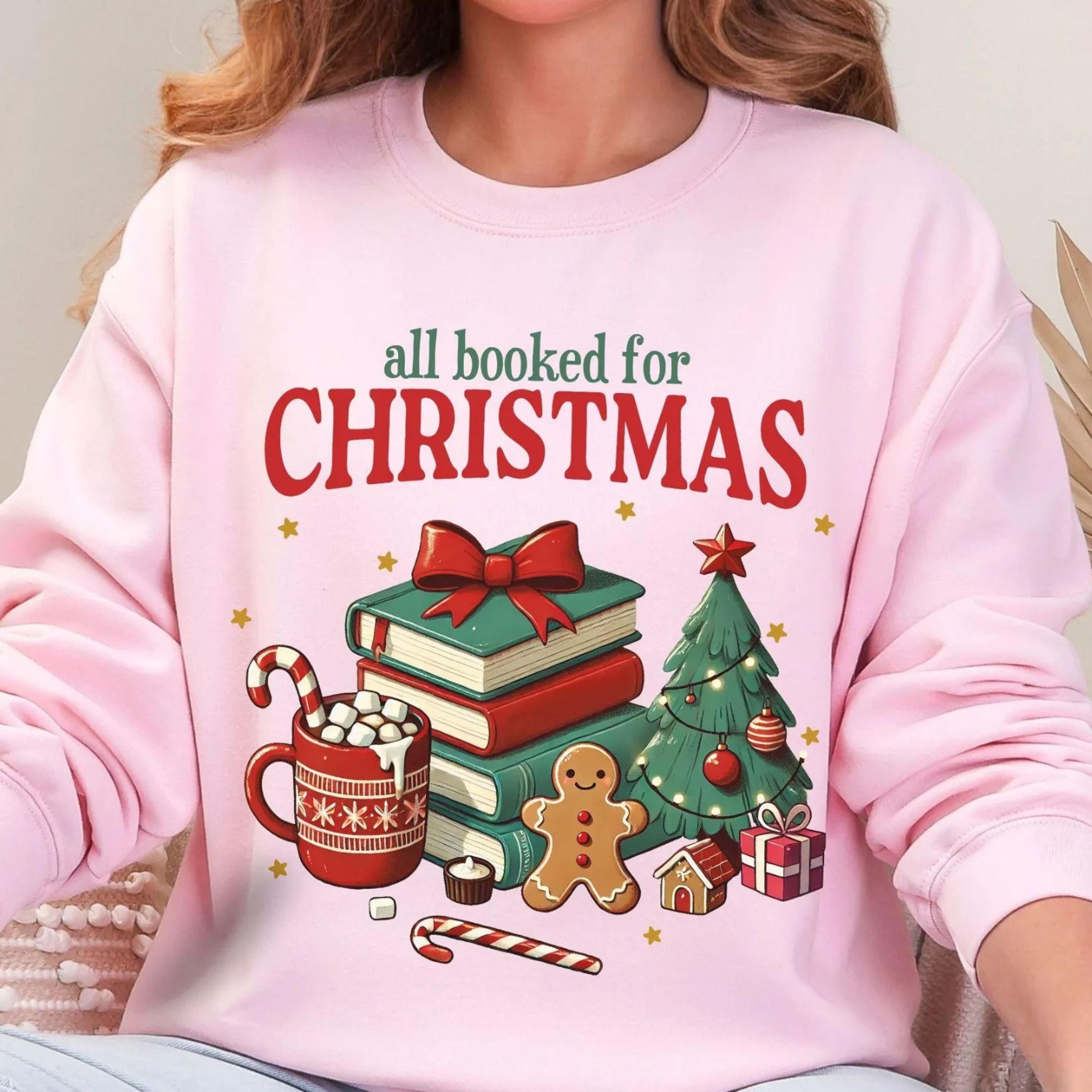 all booked for christmas book lover sweatshirt gift for women, bookworm xmas sweater, booklove gift, reader fashion