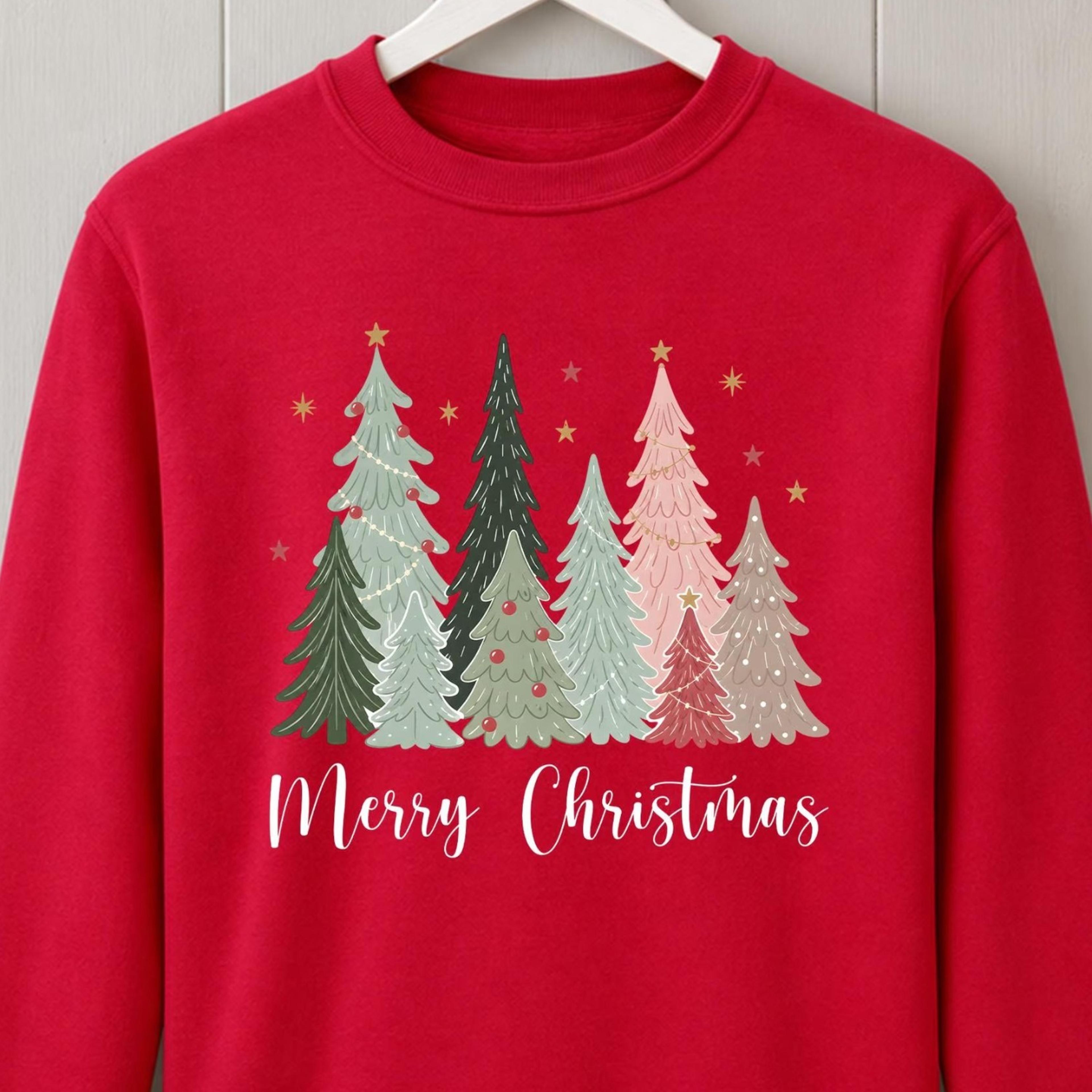 merry christmas trees sweatshirt, boho pastel christmas tree crewneck, cute holiday christmas sweater