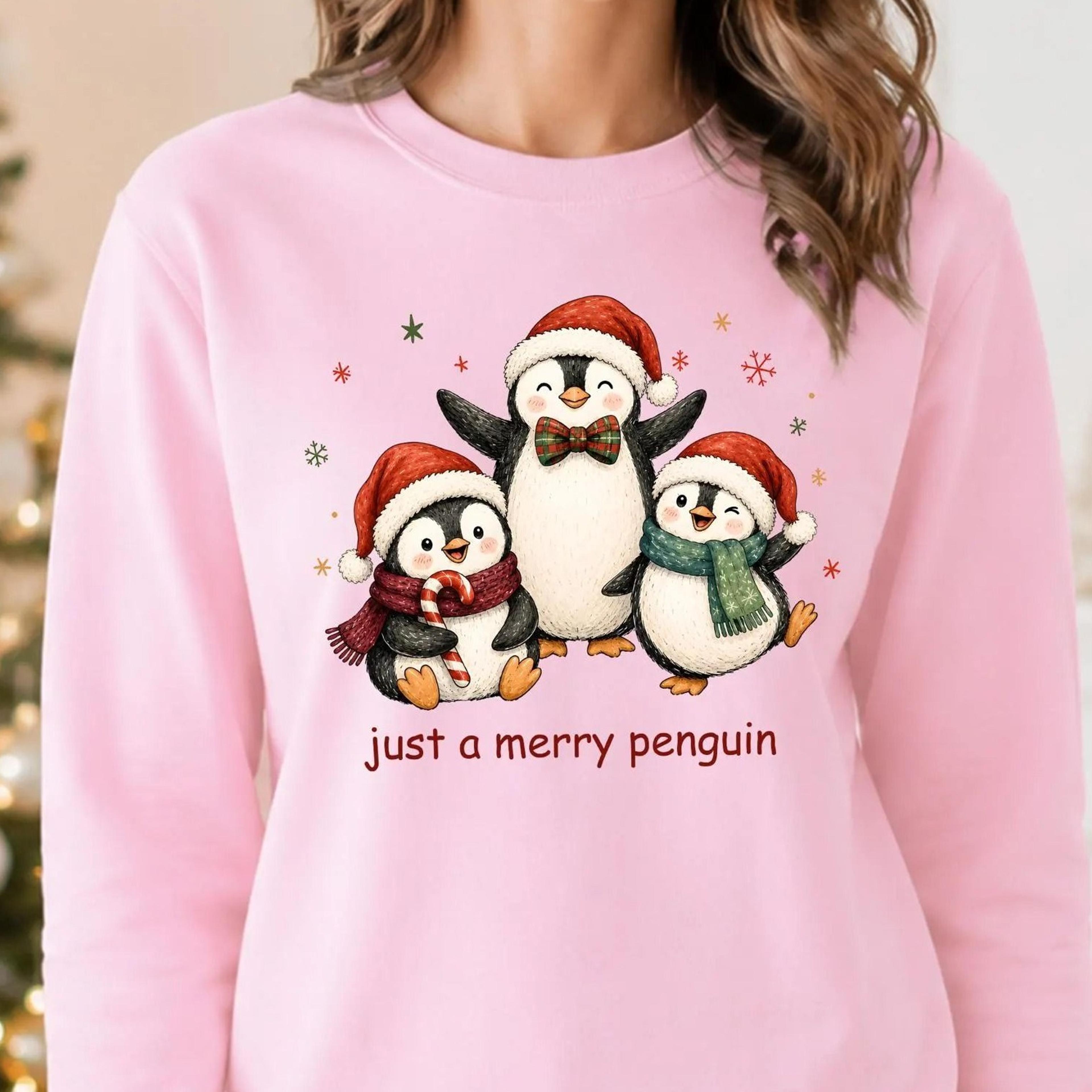 just a merry penguin christmas sweatshirt, cute santa hat penguins crewneck, christmas holiday sweater, women xmas gift