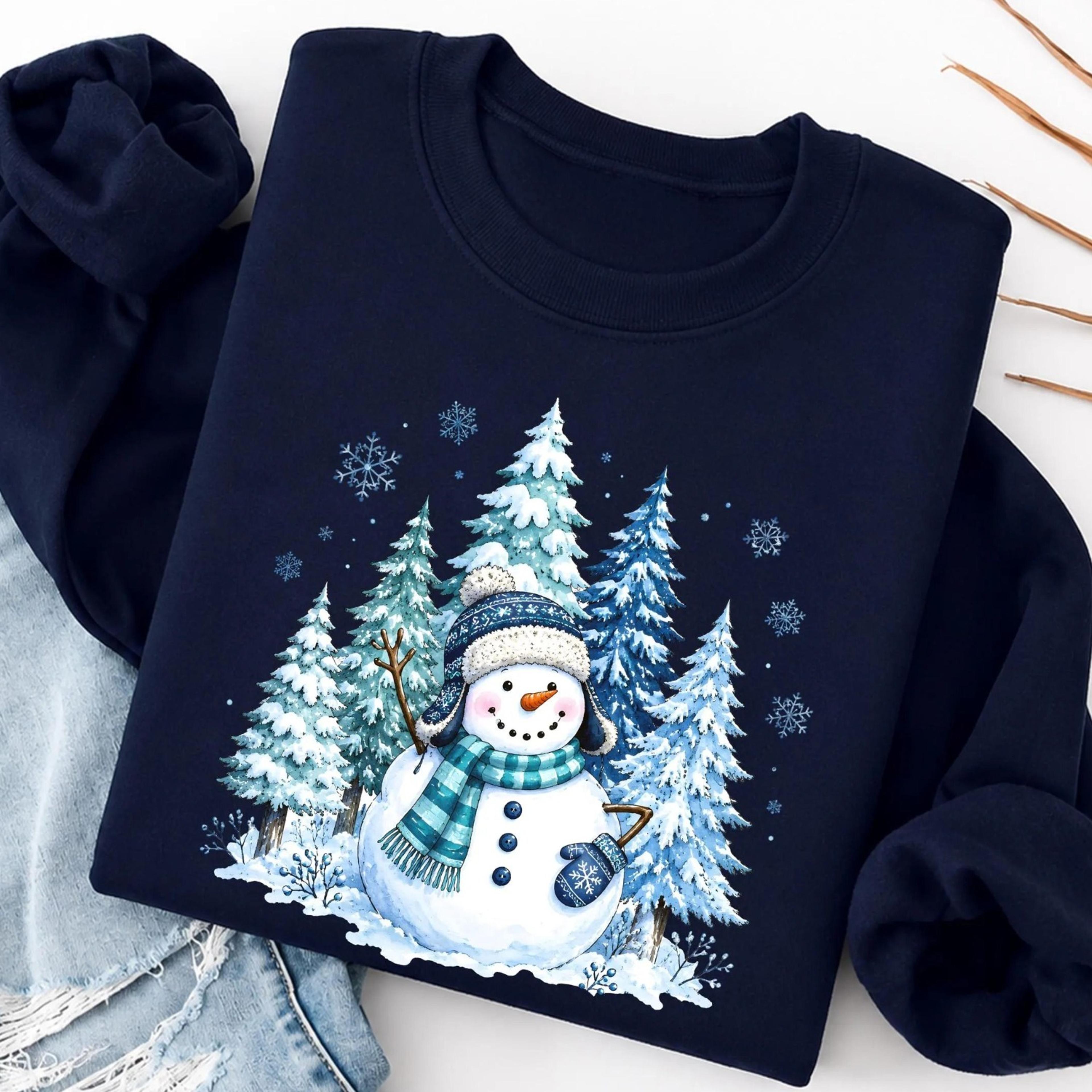 cute snowman winter sweatshirt, watercolor snowy forest crewneck jumper, blue christmas snowman sweater, women winter