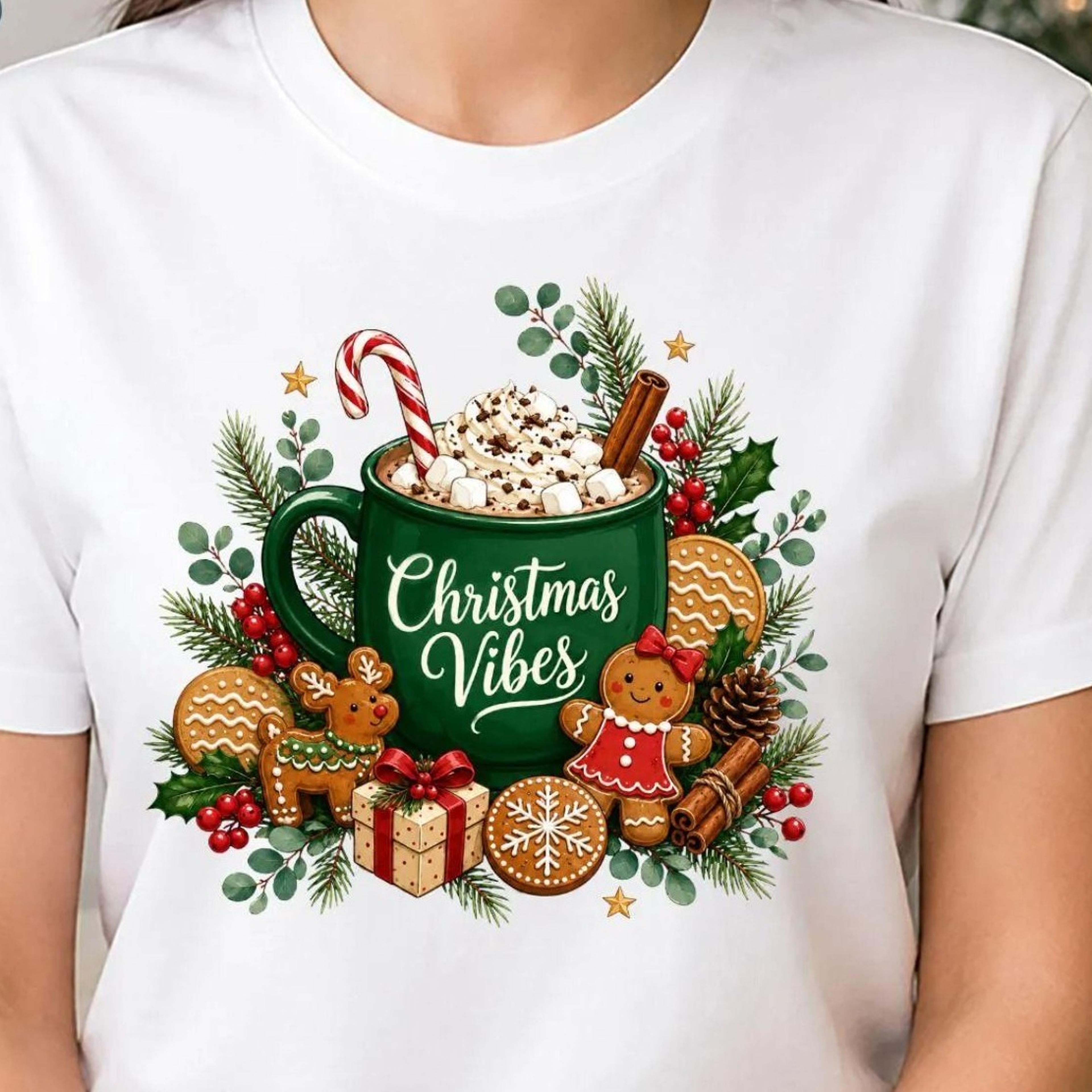 christmas vibes cocoa mug shirt, cute hot chocolate gingerbread tee, cozy holiday t-shirt, womens xmas gift