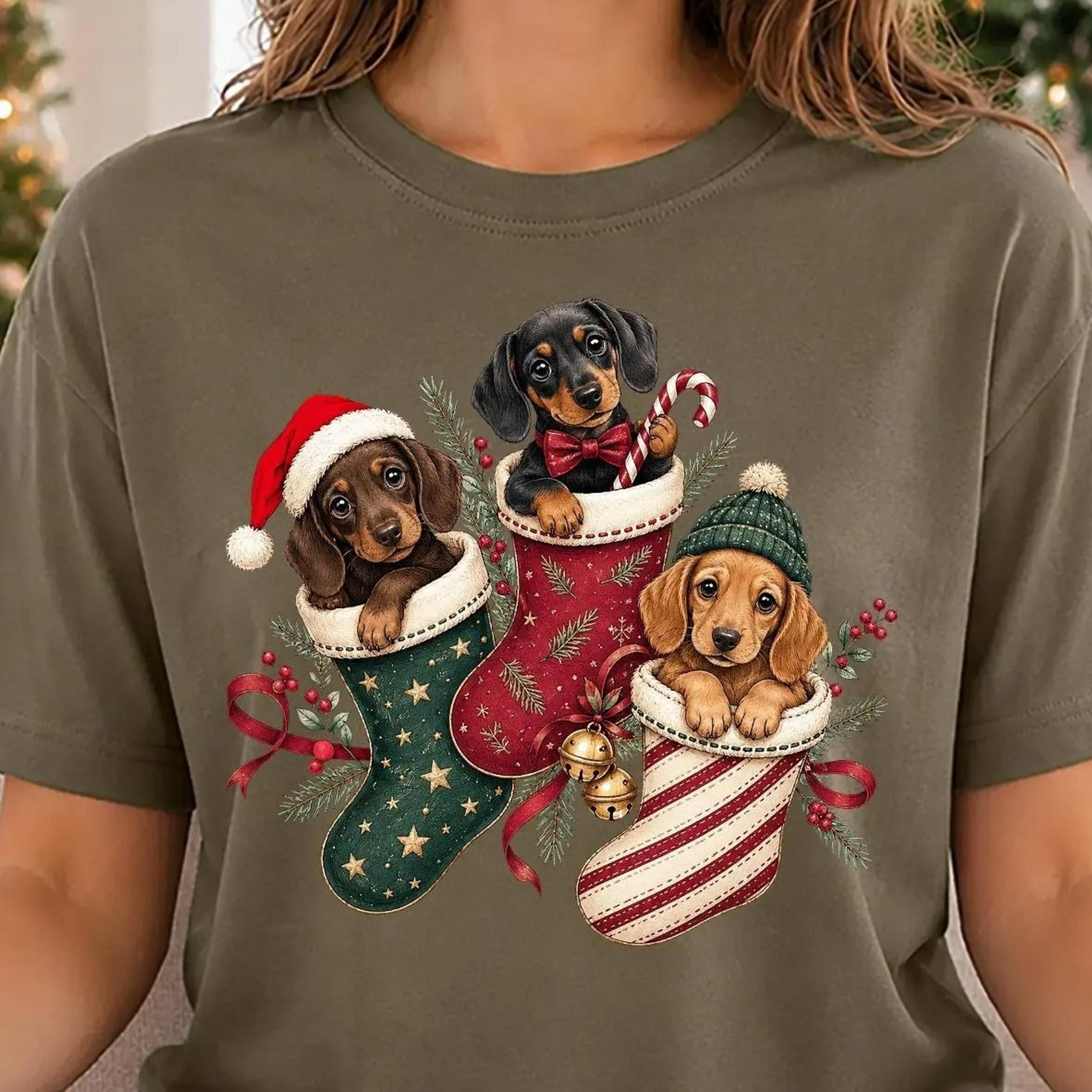 christmas dachshund stocking shirt, cute doxie puppies tee, wiener dog holiday t-shirt, dachshund lover xmas gift