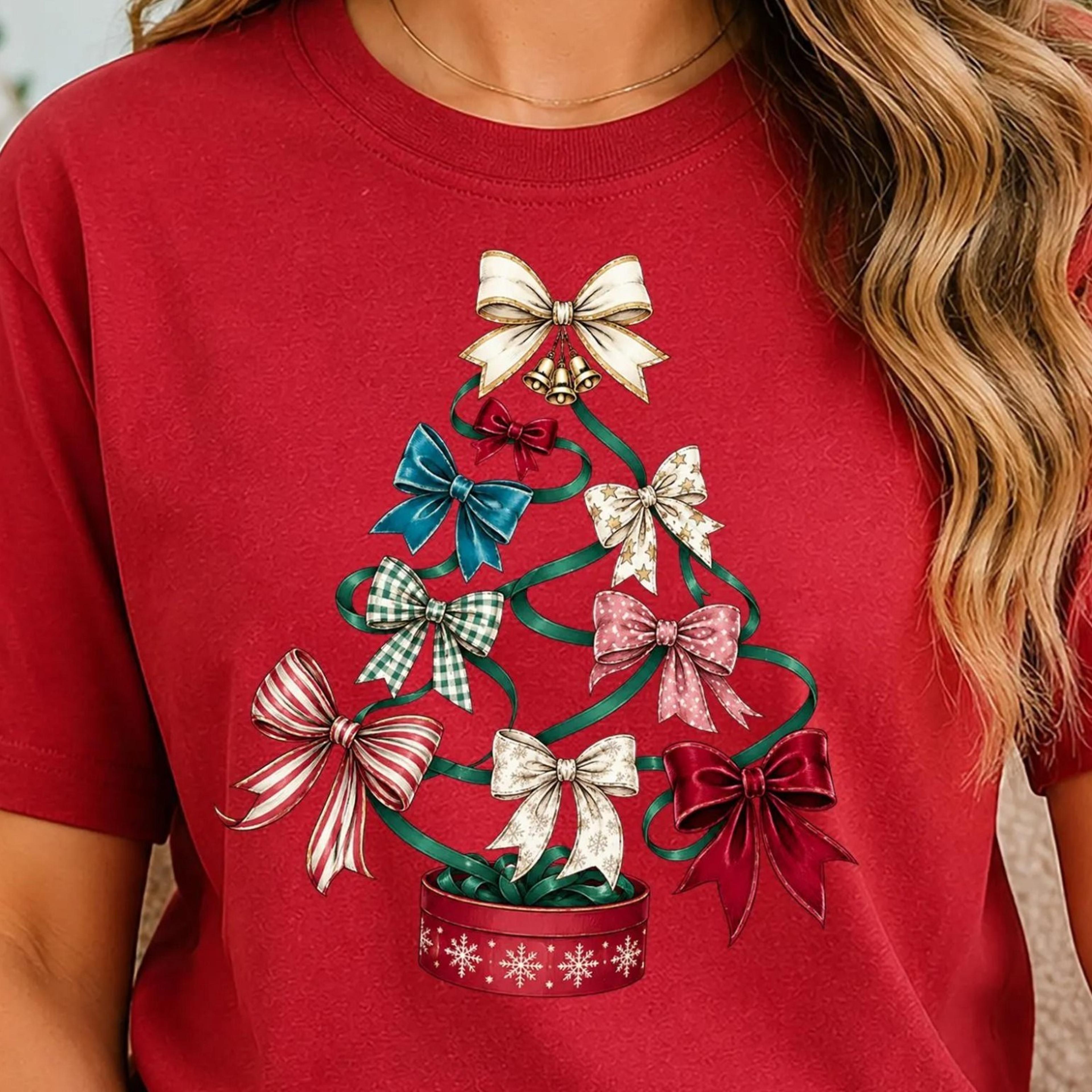 coquette bow christmas tree shirt, cute ribbon bows xmas tree tee, aesthetic holiday t-shirt, womens christmas gift