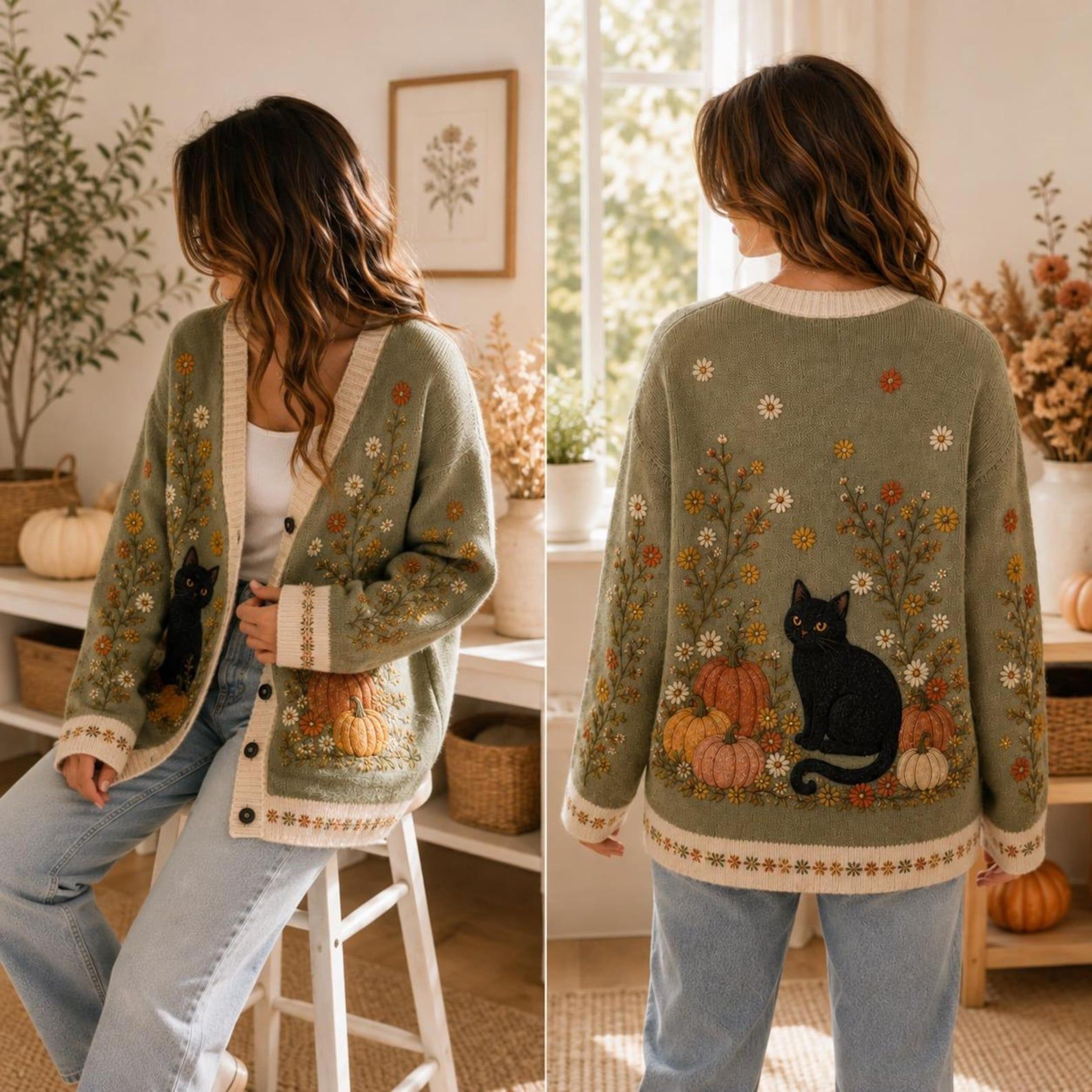 autumn black cat cardigan, unisex adult pumpkin floral cardigan, fall daisy cottagecore sweater, cozy halloween cardigan