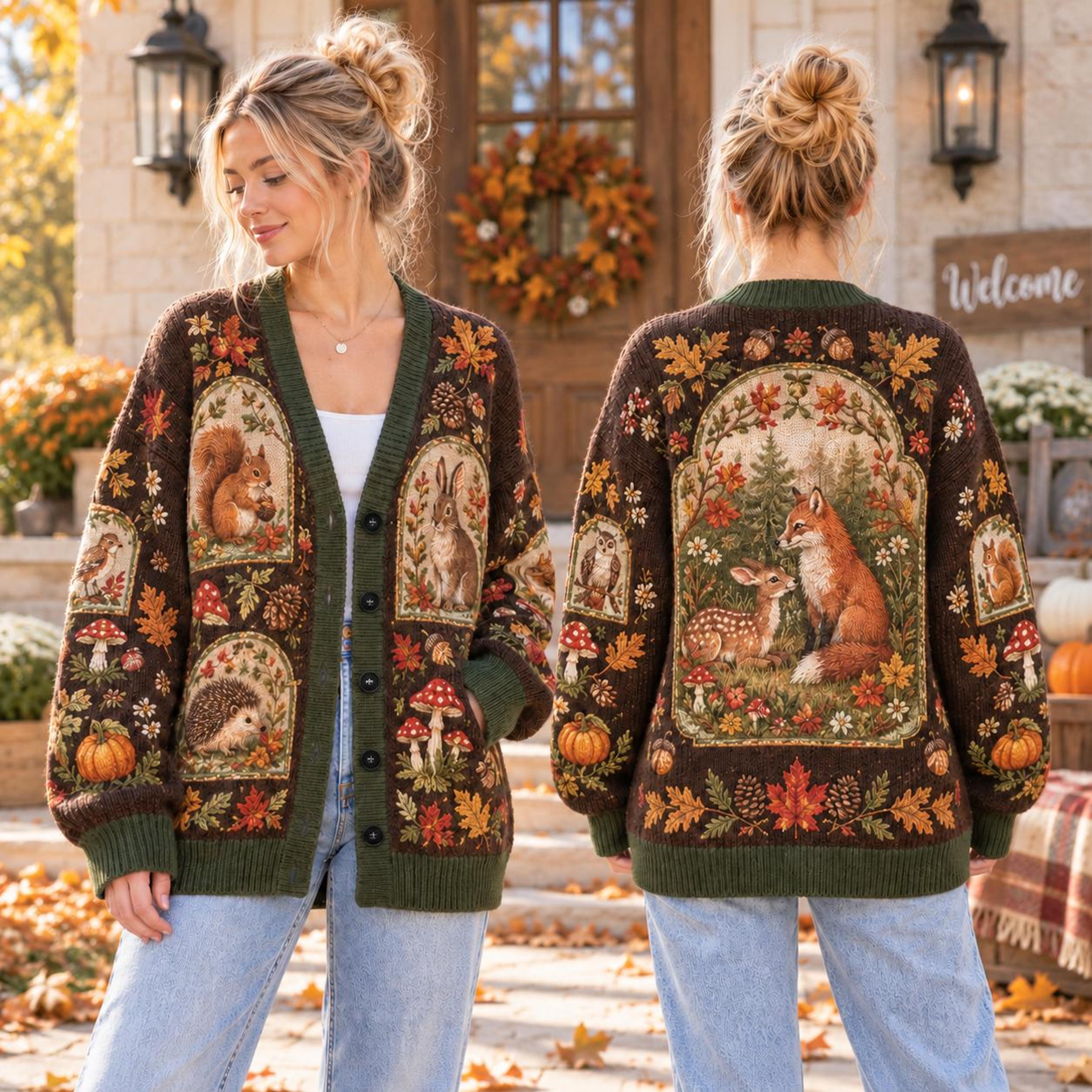 woodland autumn cardigan, unisex adult fox deer squirrel sweater, forest animal mushroom fall cardigan, cottagecore gift