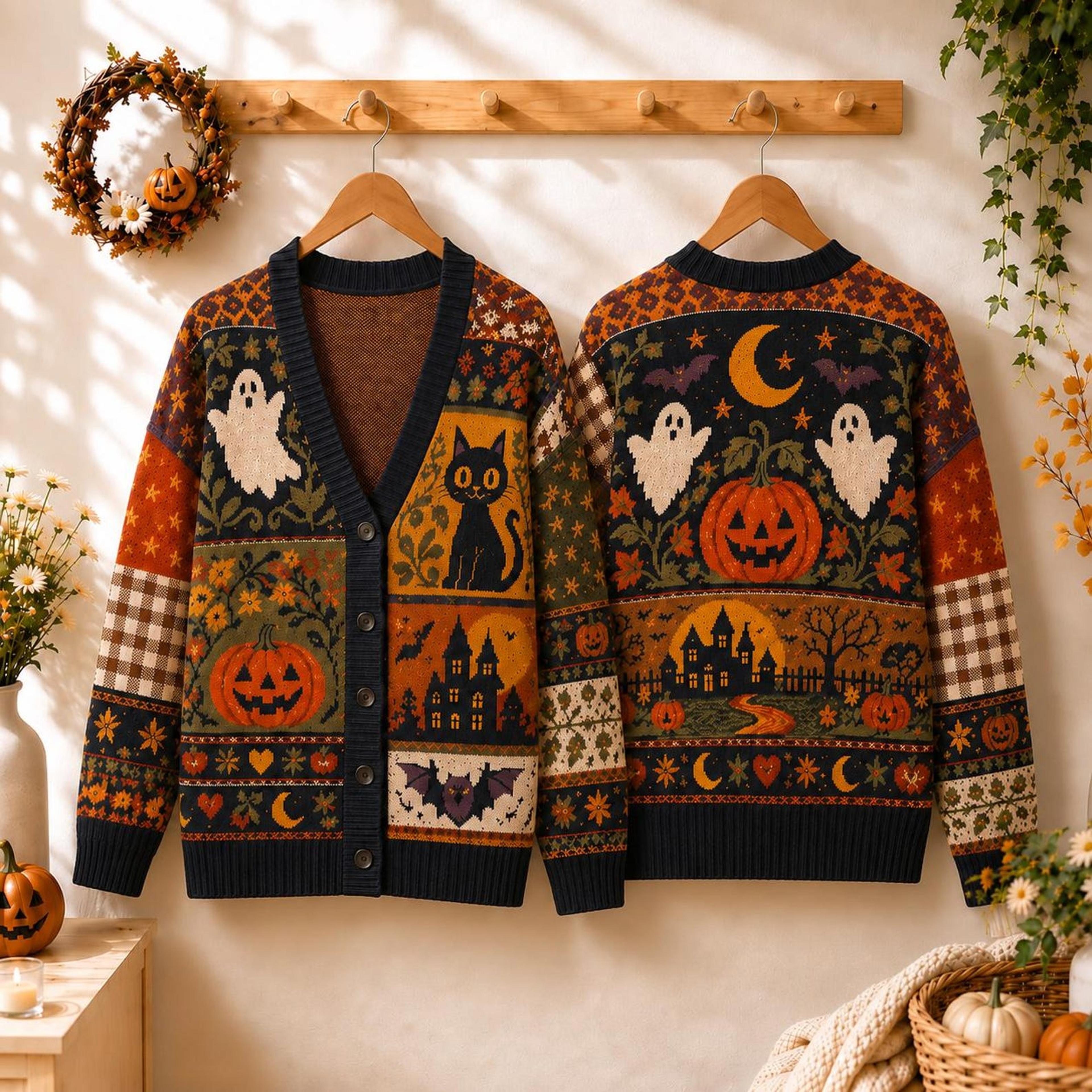halloween cardigan, unisex adult ghost black cat pumpkin sweater, spooky haunted house fall cardigan, halloween gift