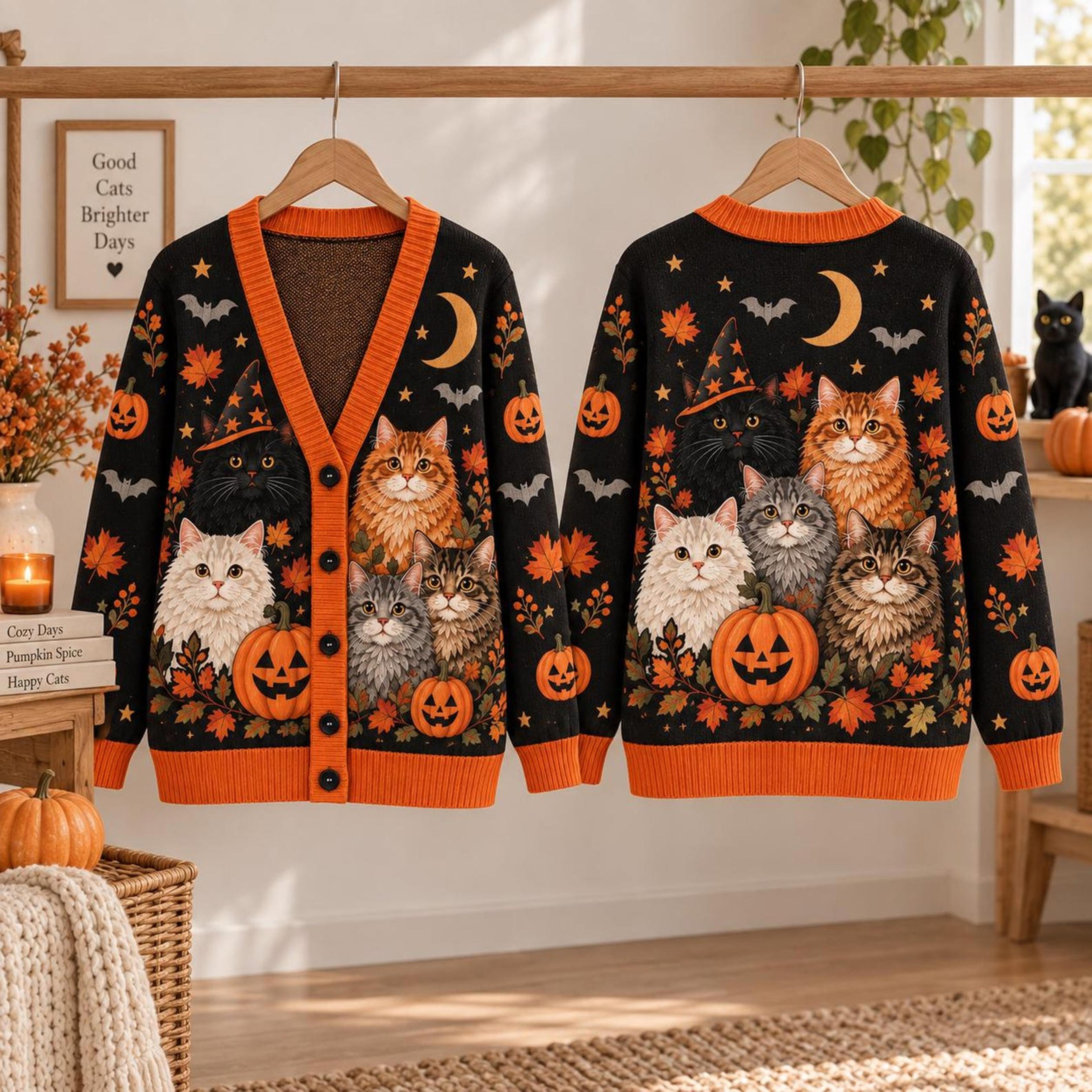 halloween cat cardigan, unisex adult black cat pumpkin sweater, spooky witch cat fall cardigan, cat lover gift