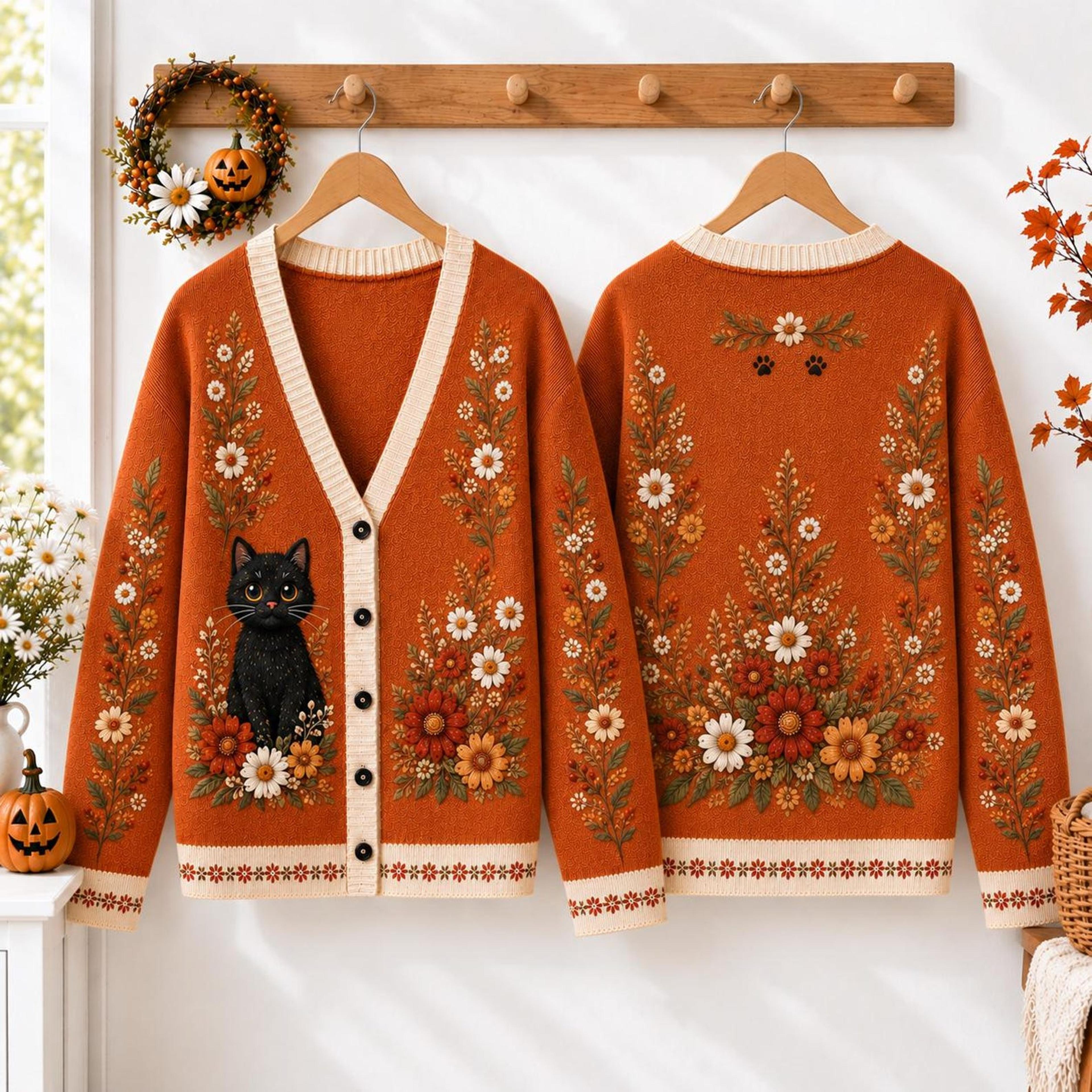 autumn black cat cardigan, unisex adult floral fall sweater, orange daisy cottagecore cardigan, cat lover gift
