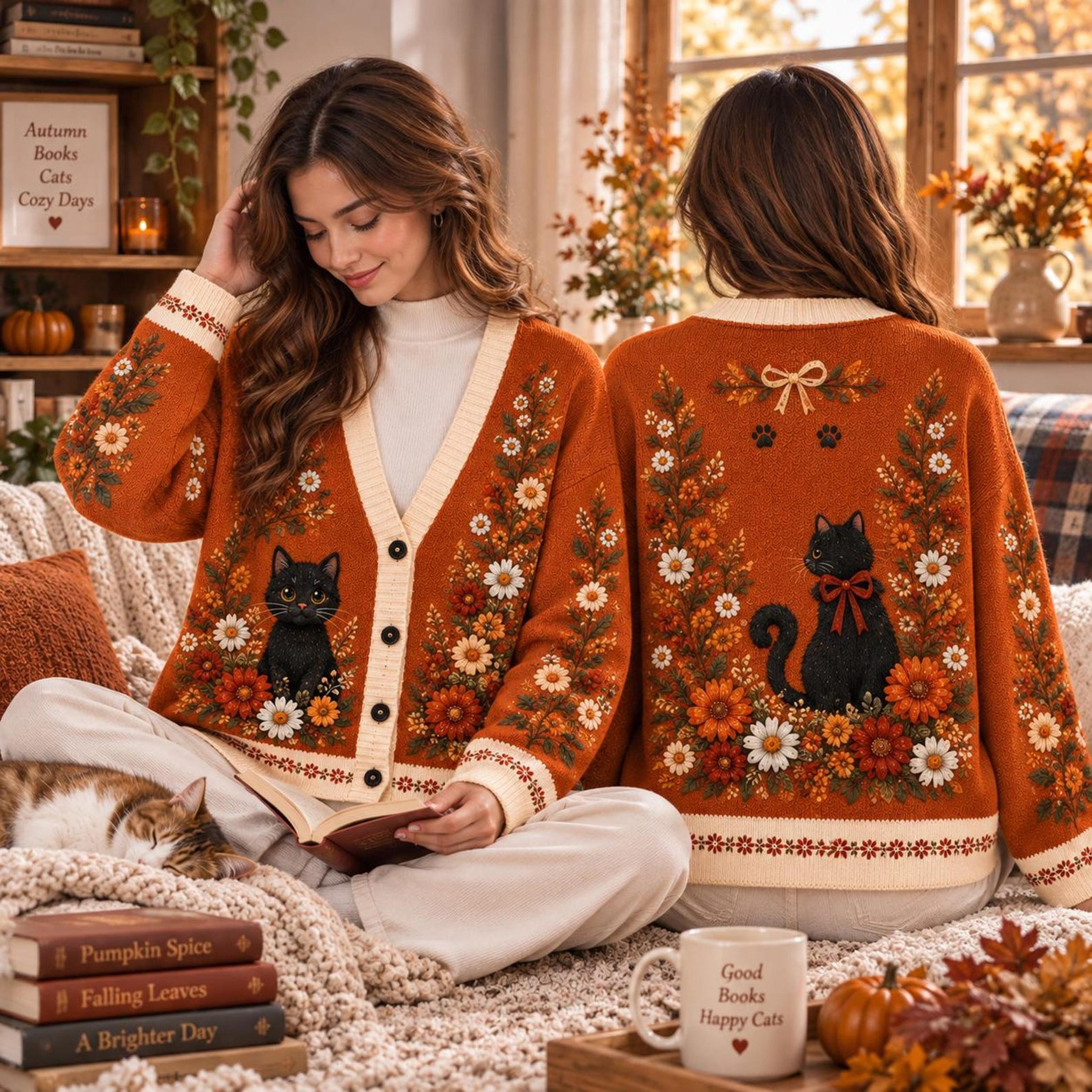 autumn black cat cardigan, unisex adult floral cat sweater, orange cottagecore fall cardigan, cozy cat lover gift