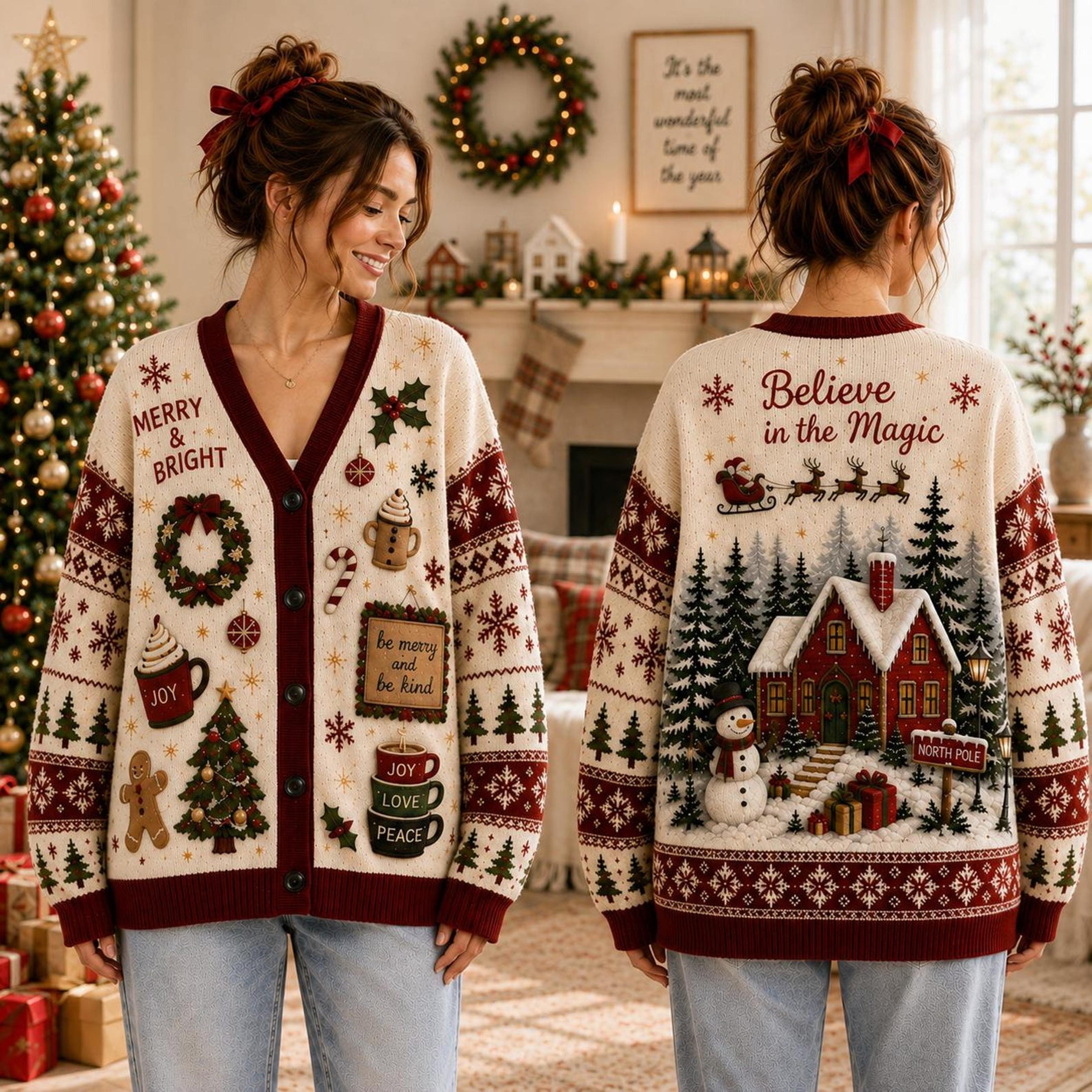 christmas cardigan, unisex adult merry and bright sweater, north pole holiday cardigan, festive winter christmas gift