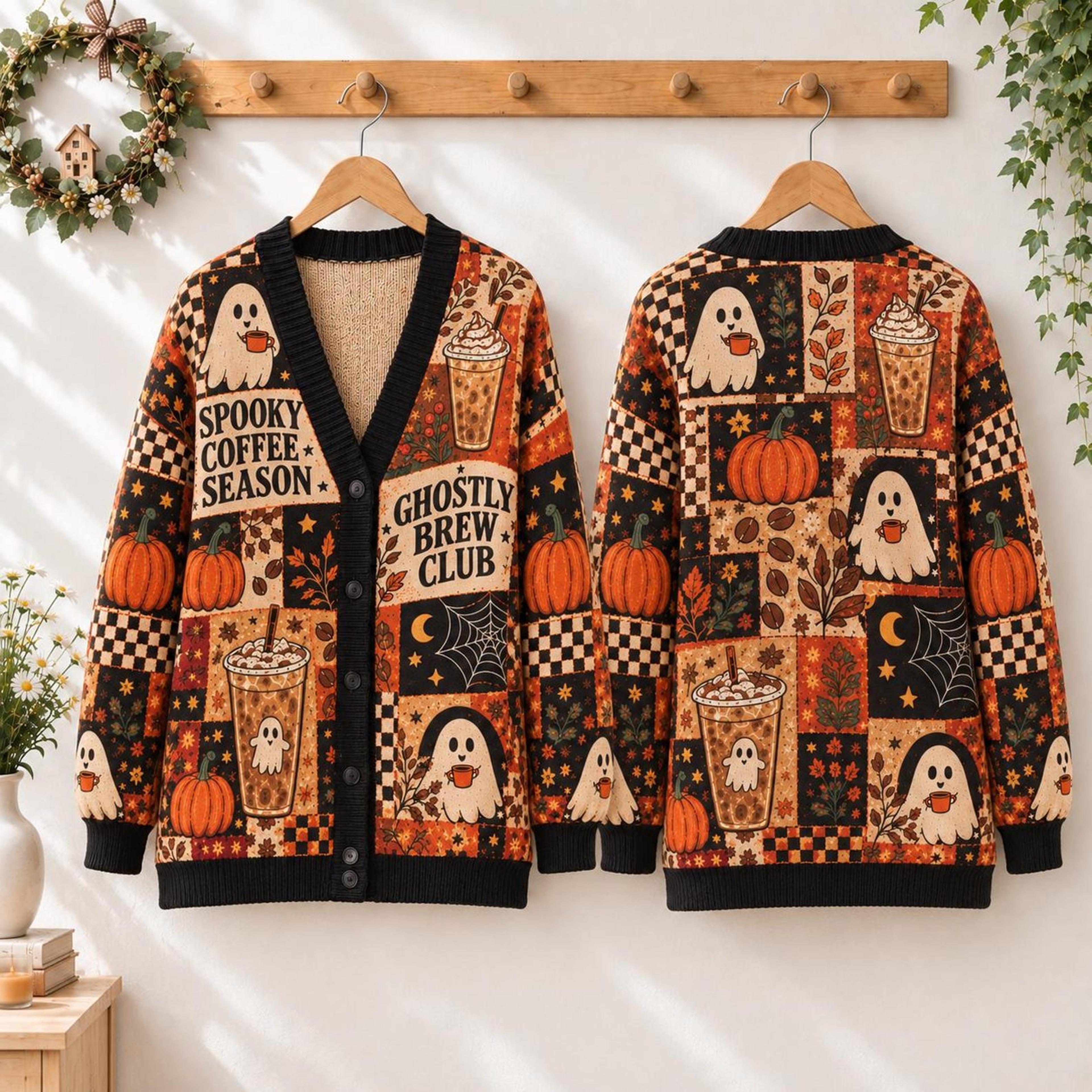 spooky coffee cardigan, unisex adult ghost pumpkin sweater, halloween coffee lover cardigan, cozy fall ghostly brew top
