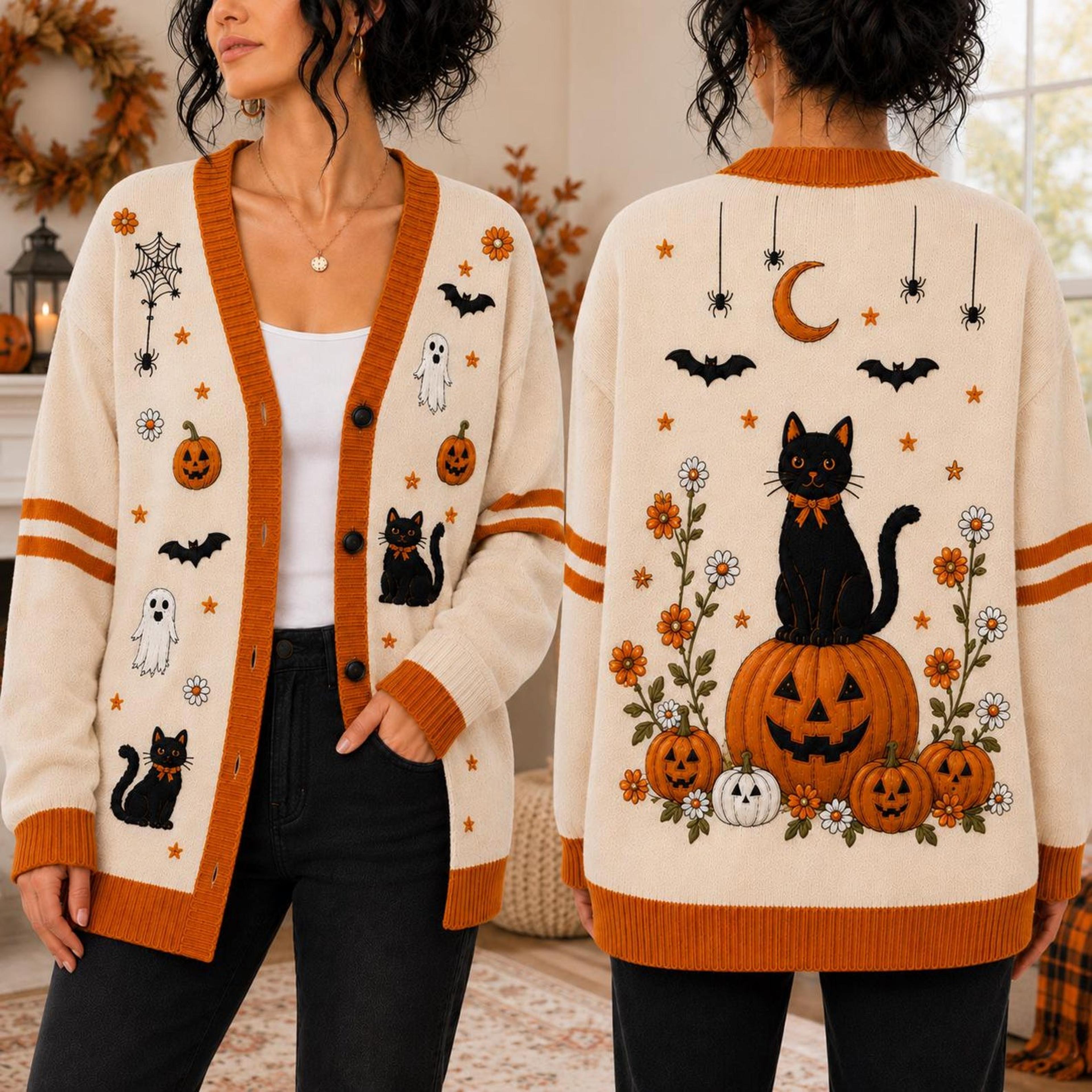 halloween black cat cardigan, unisex adult pumpkin ghost sweater, spooky cat fall cardigan, cute halloween gift