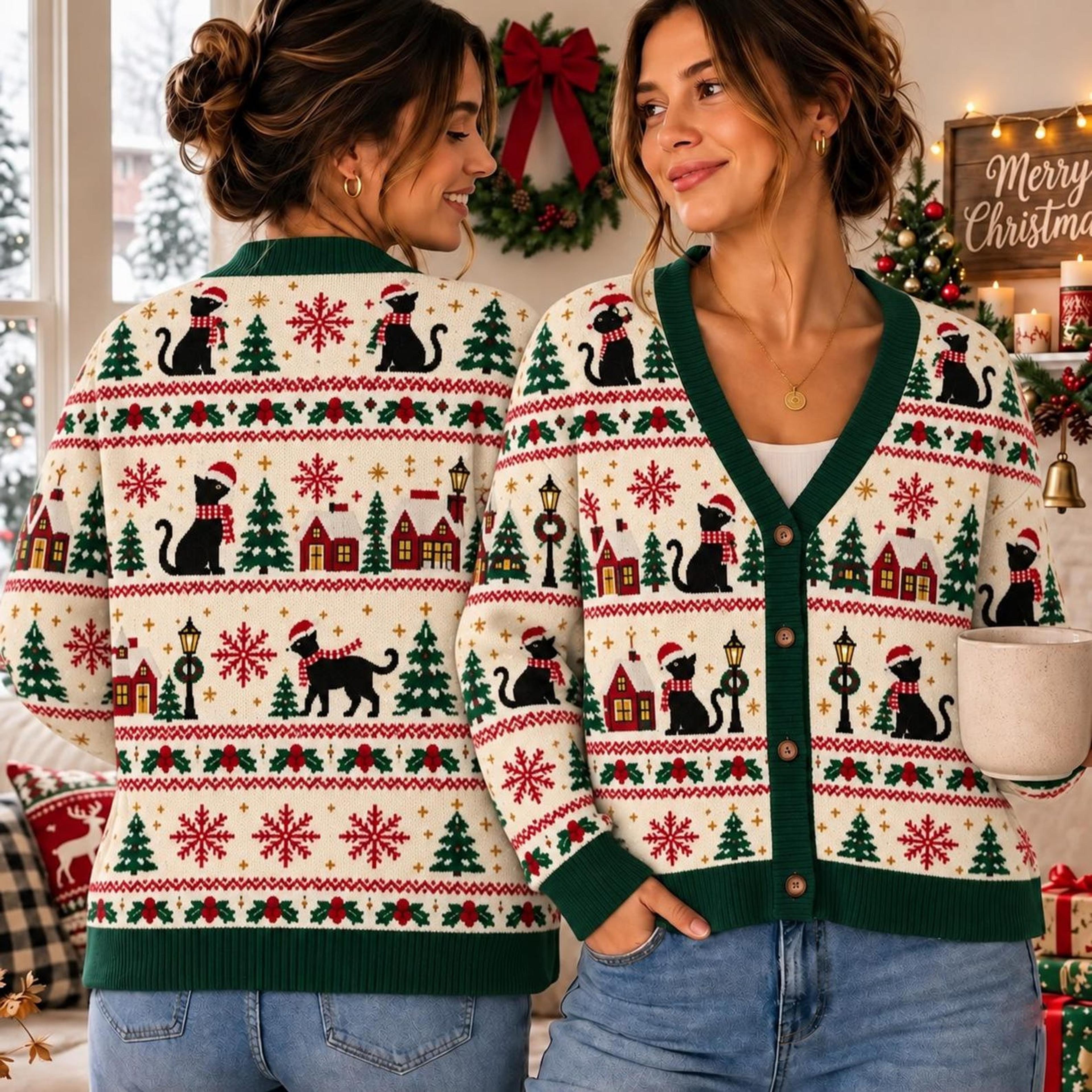 christmas cat cardigan, unisex adult black cat holiday sweater, snowflake christmas tree cardigan, cat lover gift