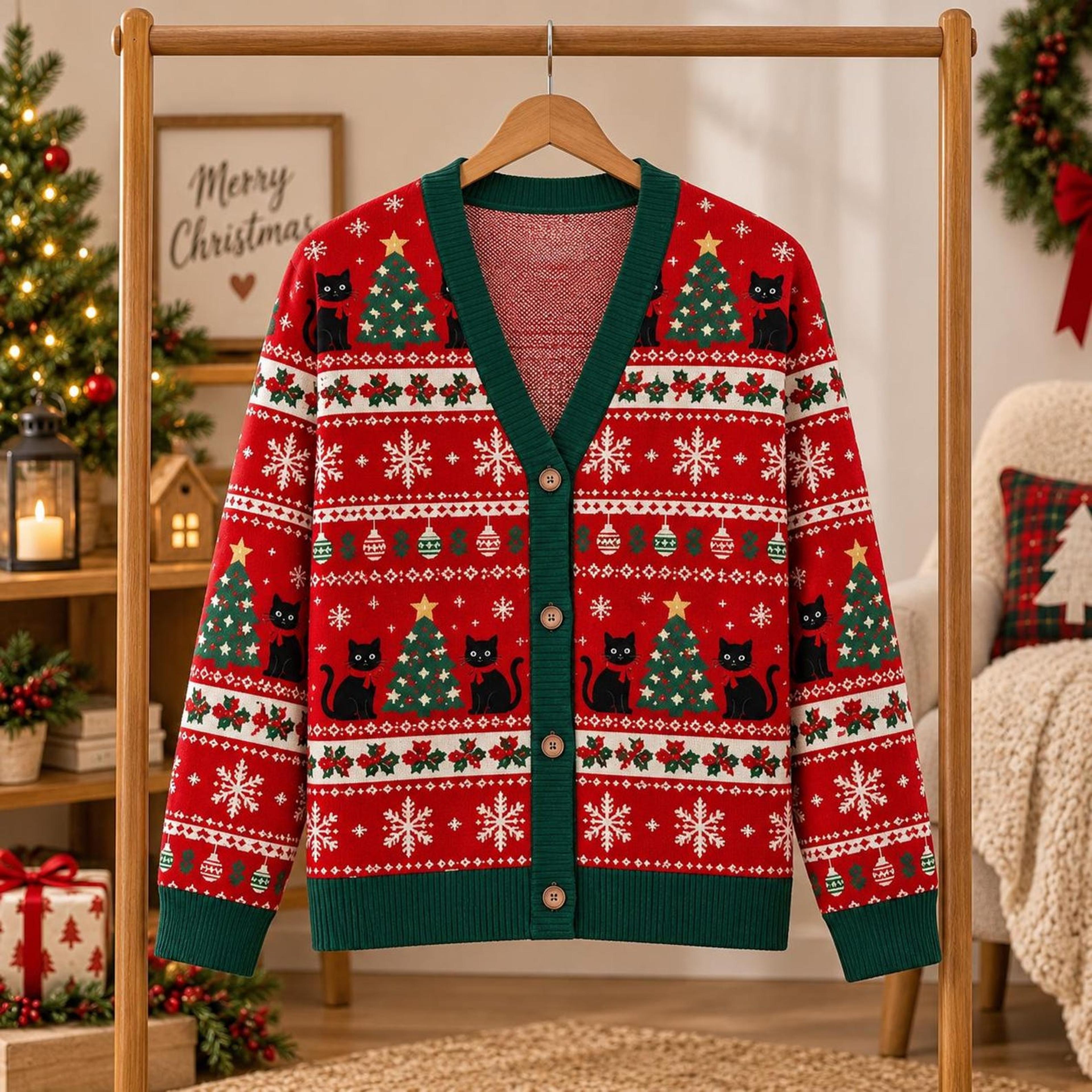 red christmas cat cardigan, unisex adult black cat holiday sweater, snowflake tree festive cardigan, xmas gift