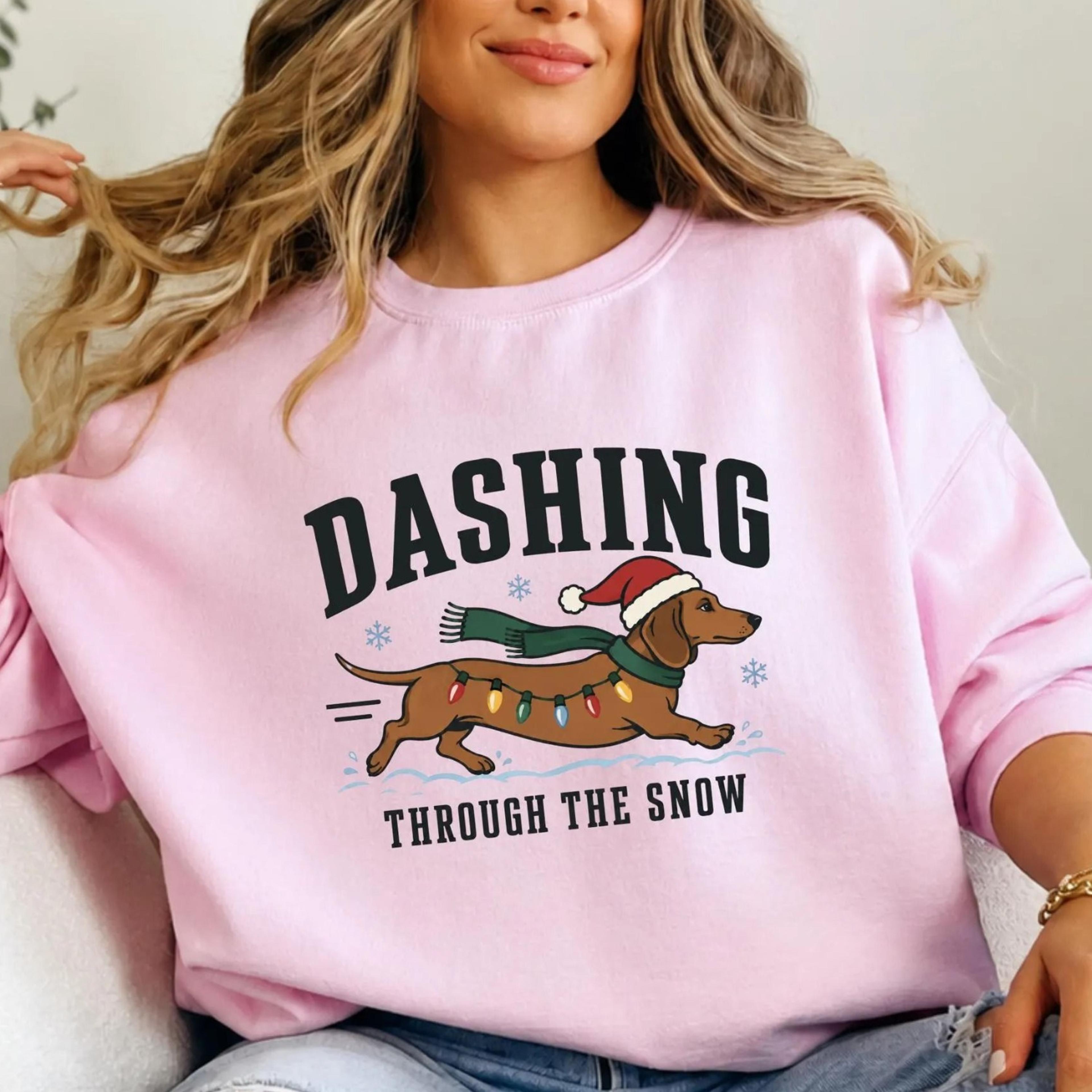 dachshund christmas sweatshirt, dashing through the snow dog sweater, wiener dog gift, dachshund lover crewneck,