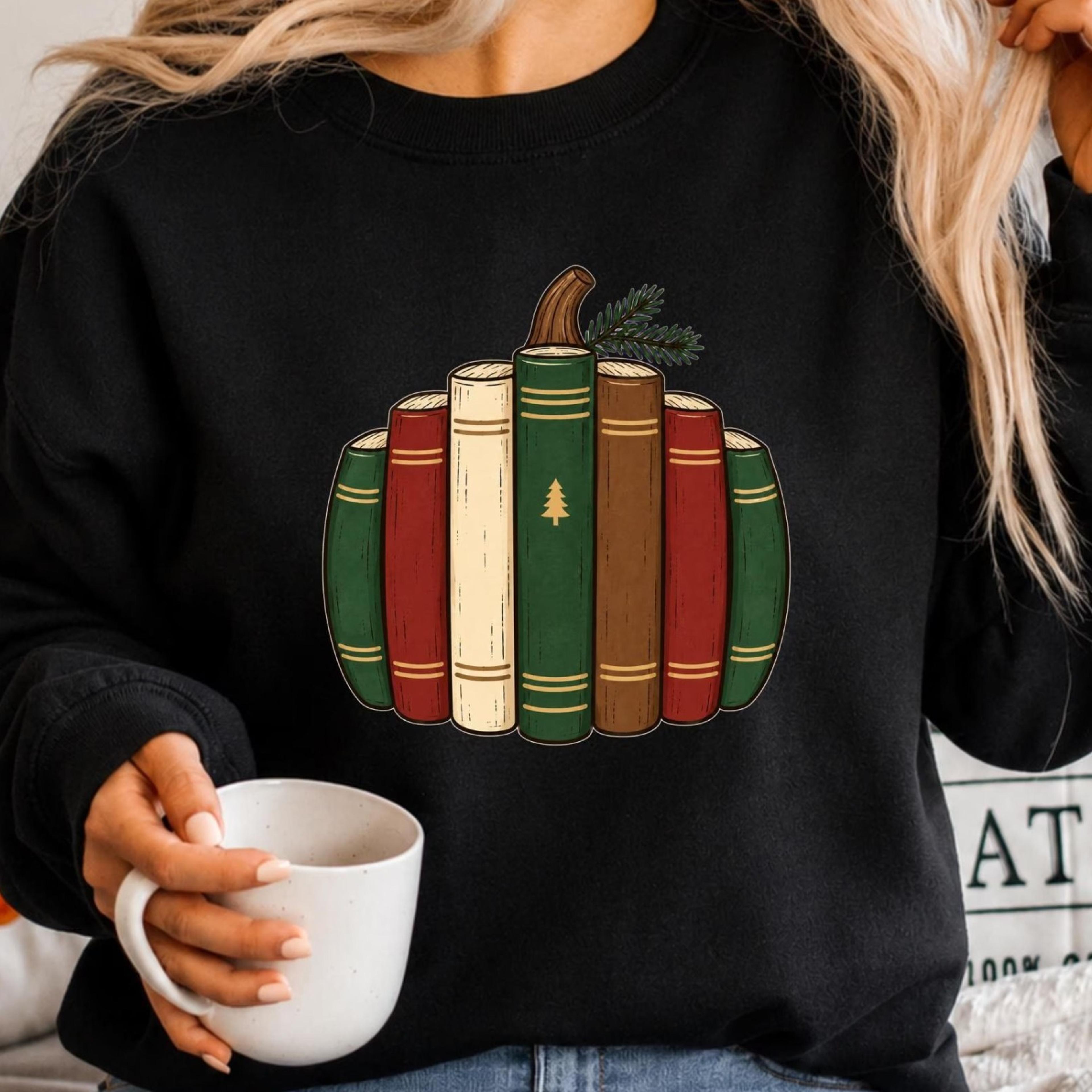 christmas book pumpkin sweatshirt, book lover christmas gift, librarian holiday crewneck, christmas teacher gift