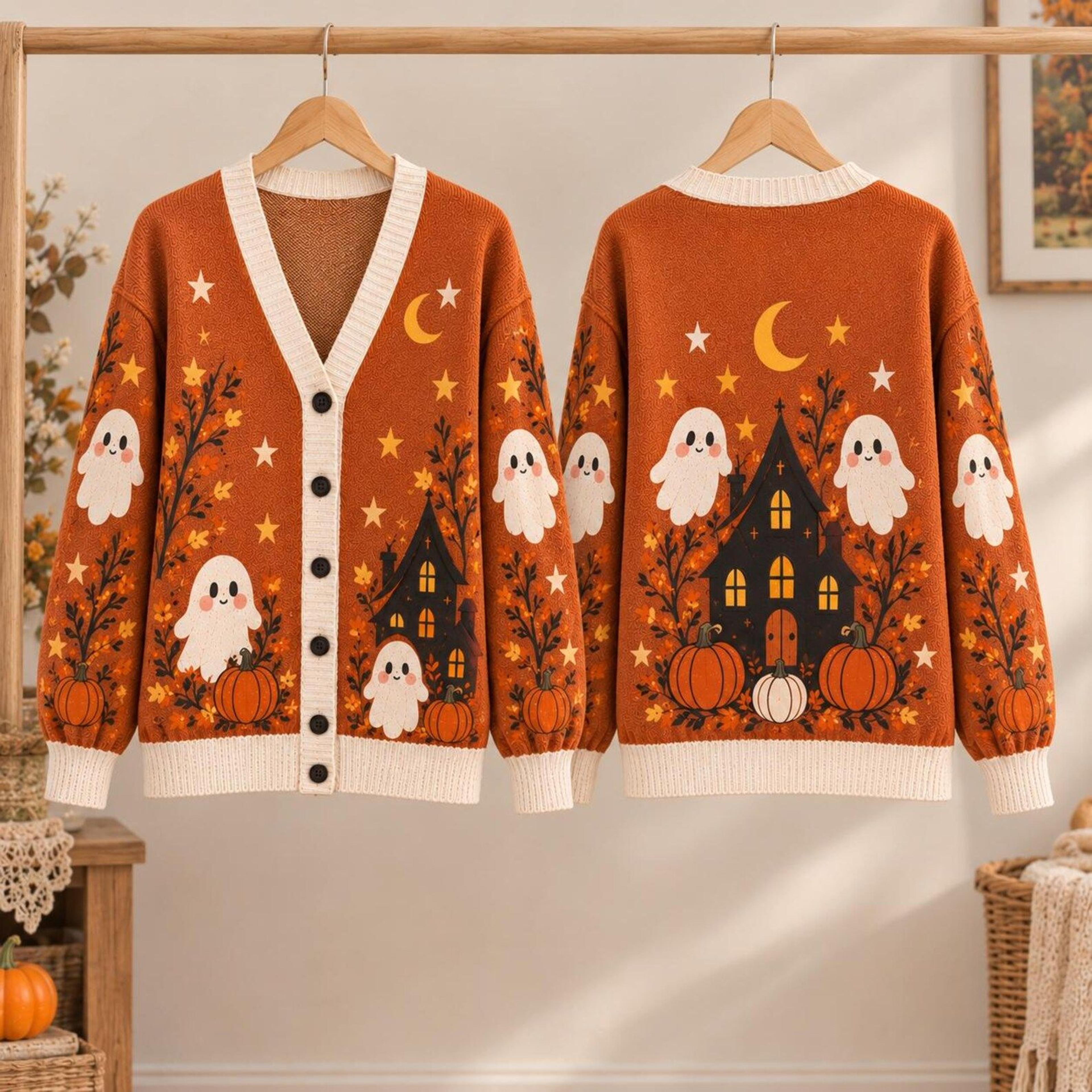 halloween ghost cardigan, unisex adult pumpkin haunted house sweater, cute spooky fall cardigan, autumn ghost gift