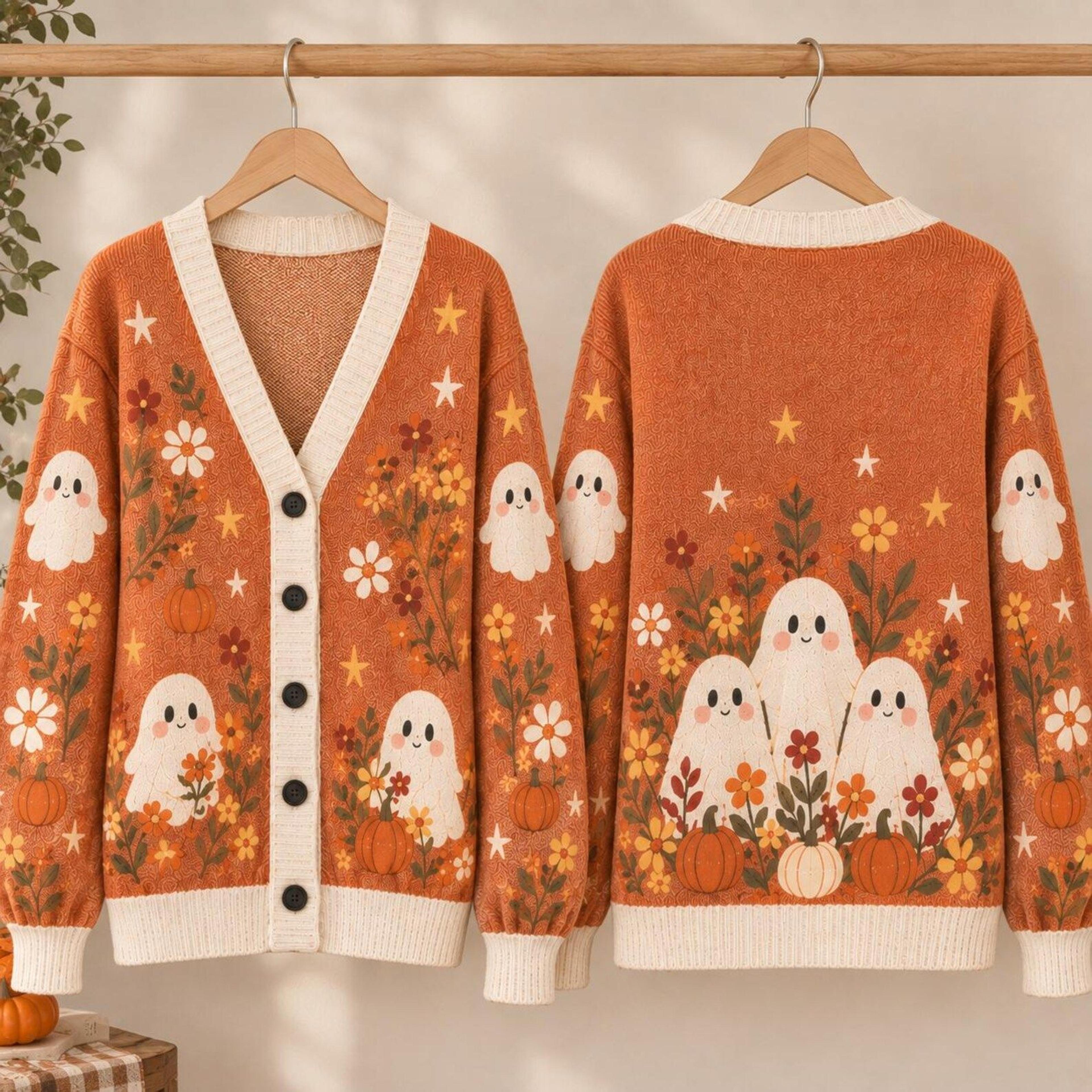 cute ghost cardigan, unisex adult pumpkin floral fall sweater, cottagecore halloween cardigan, cozy autumn gift