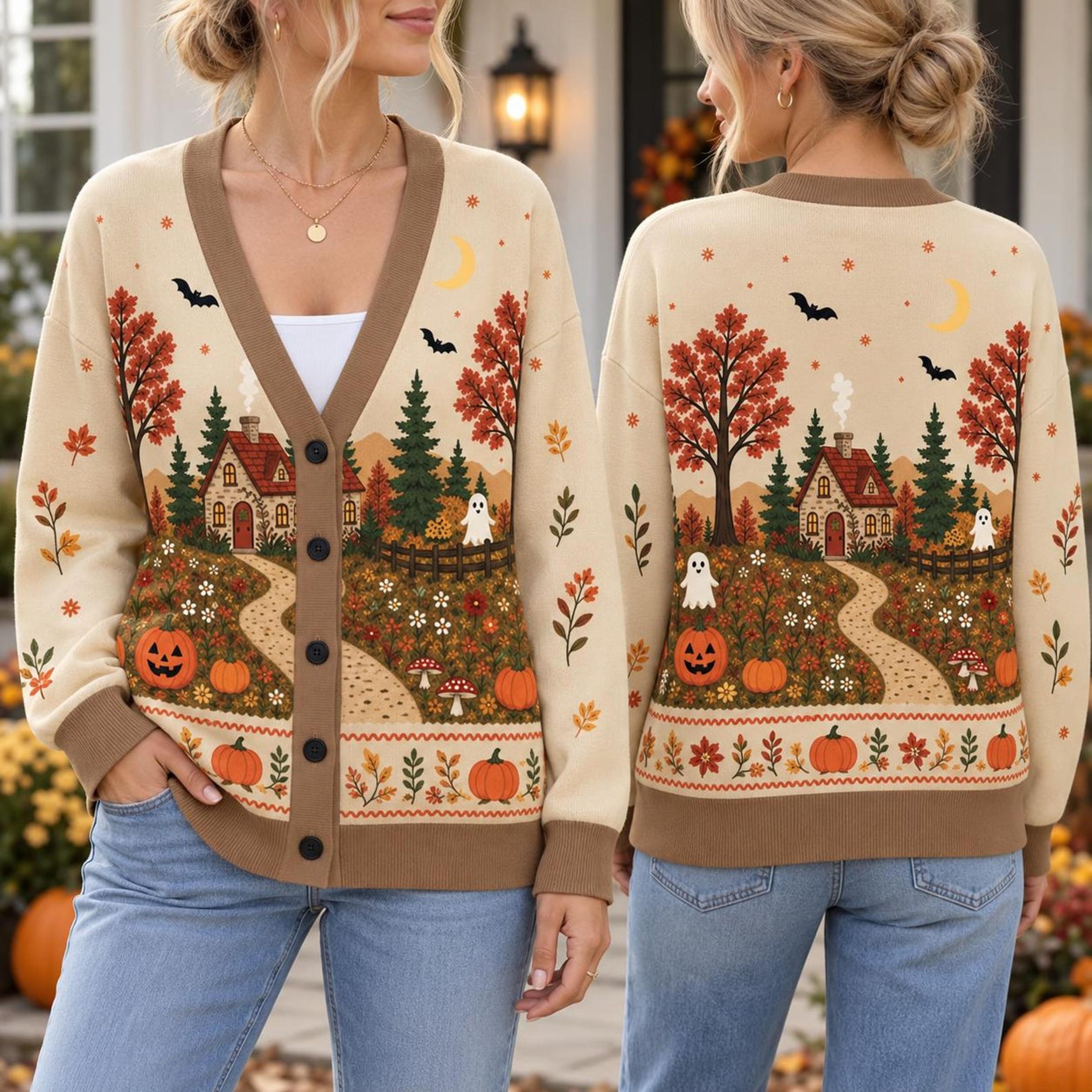 autumn cottage cardigan, unisex adult pumpkin ghost fall sweater, cozy forest halloween cardigan, cottagecore gift