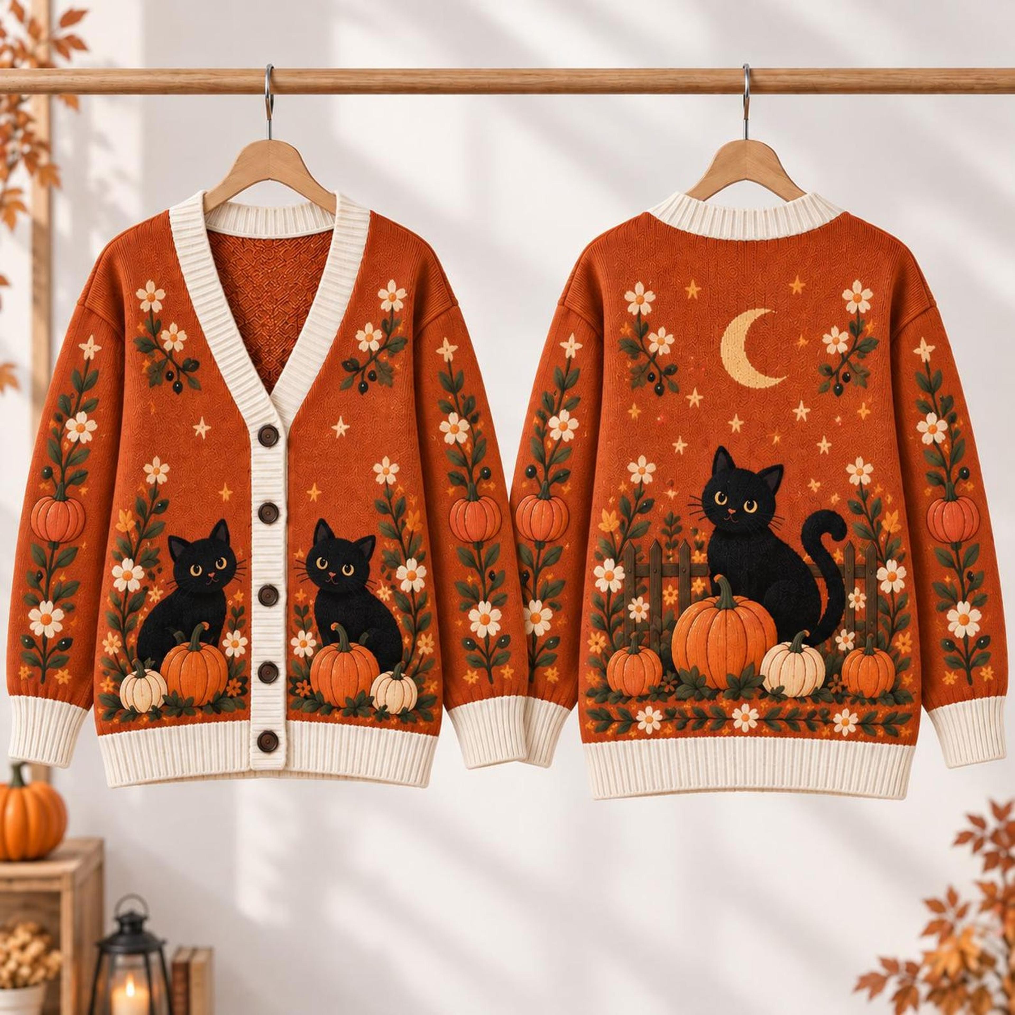 autumn black cat cardigan, unisex adult pumpkin floral sweater, cottagecore fall cardigan, cozy cat lover gift